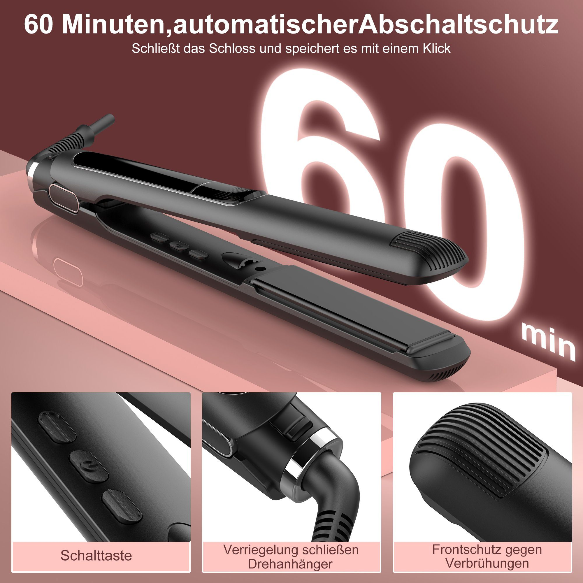 Schwarzer Haarglätter mit Beschriftungen für Einstellungen, Verriegelung und kühle Spitze.