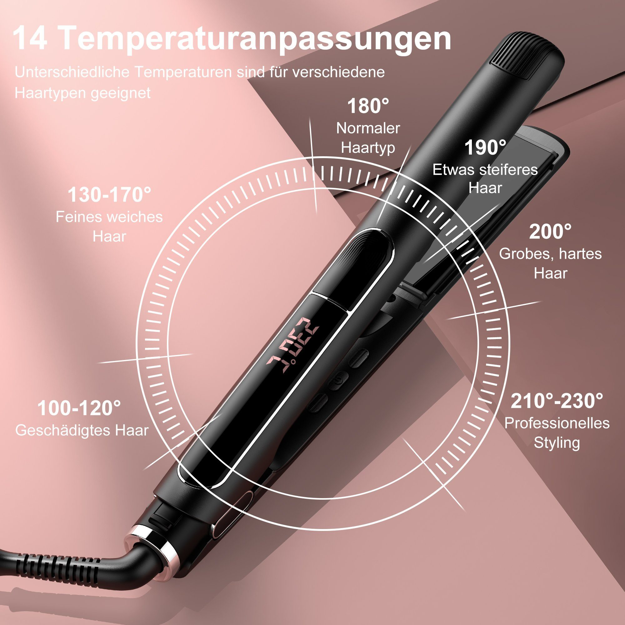 Haarglätter mit Digitalanzeige, die die Temperatur anzeigt. Der Text zeigt verschiedene Heizstufen.