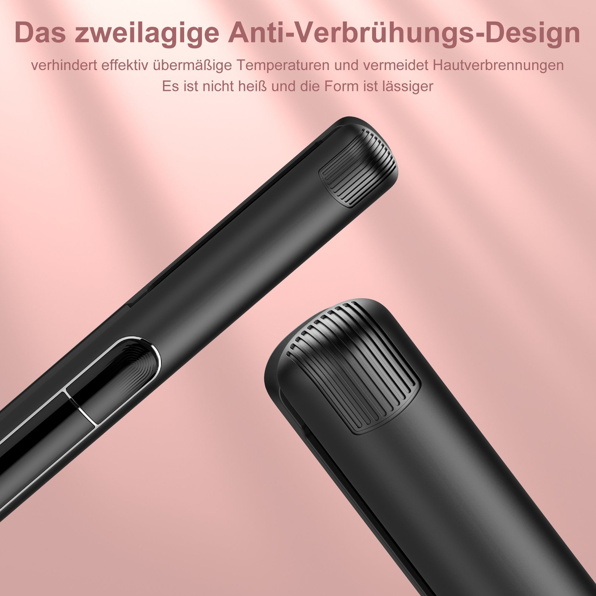 Zwei schwarze Haarglätter. Nahaufnahme. Rosa Hintergrund.