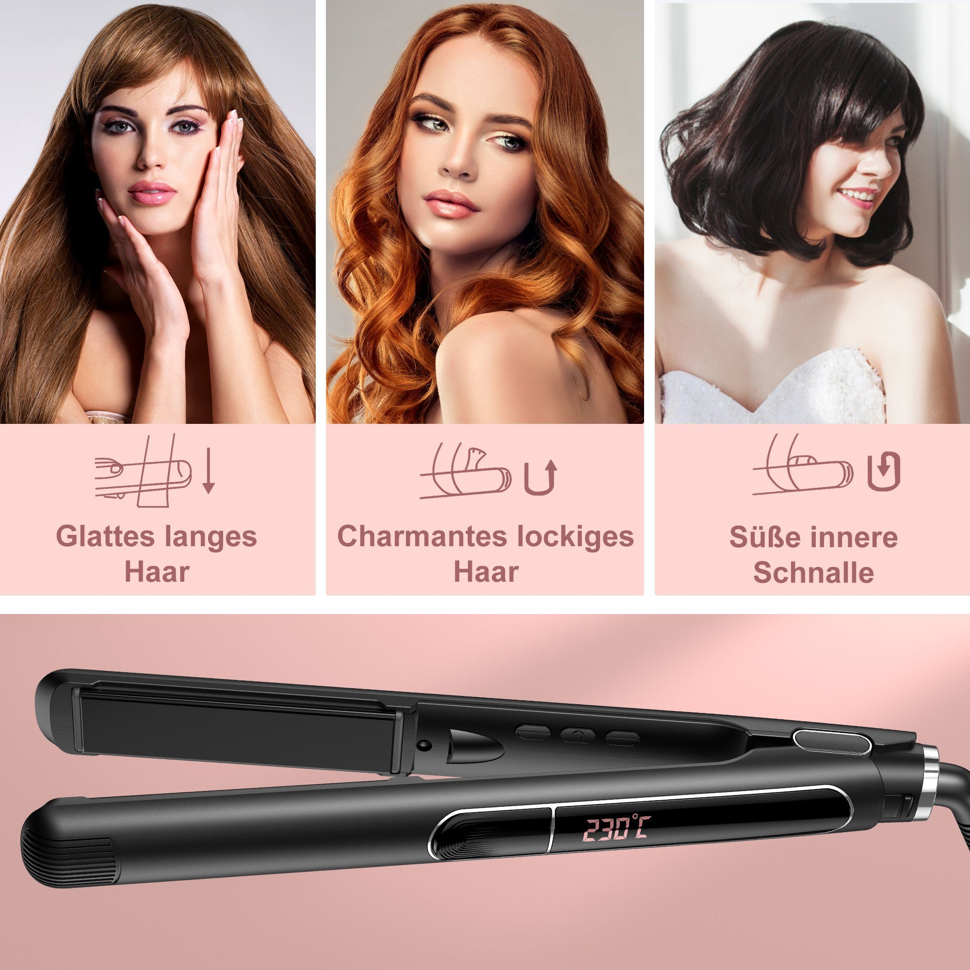 Haarglätter mit drei Frauen und Frisuren, glatt, wellig und lockig.