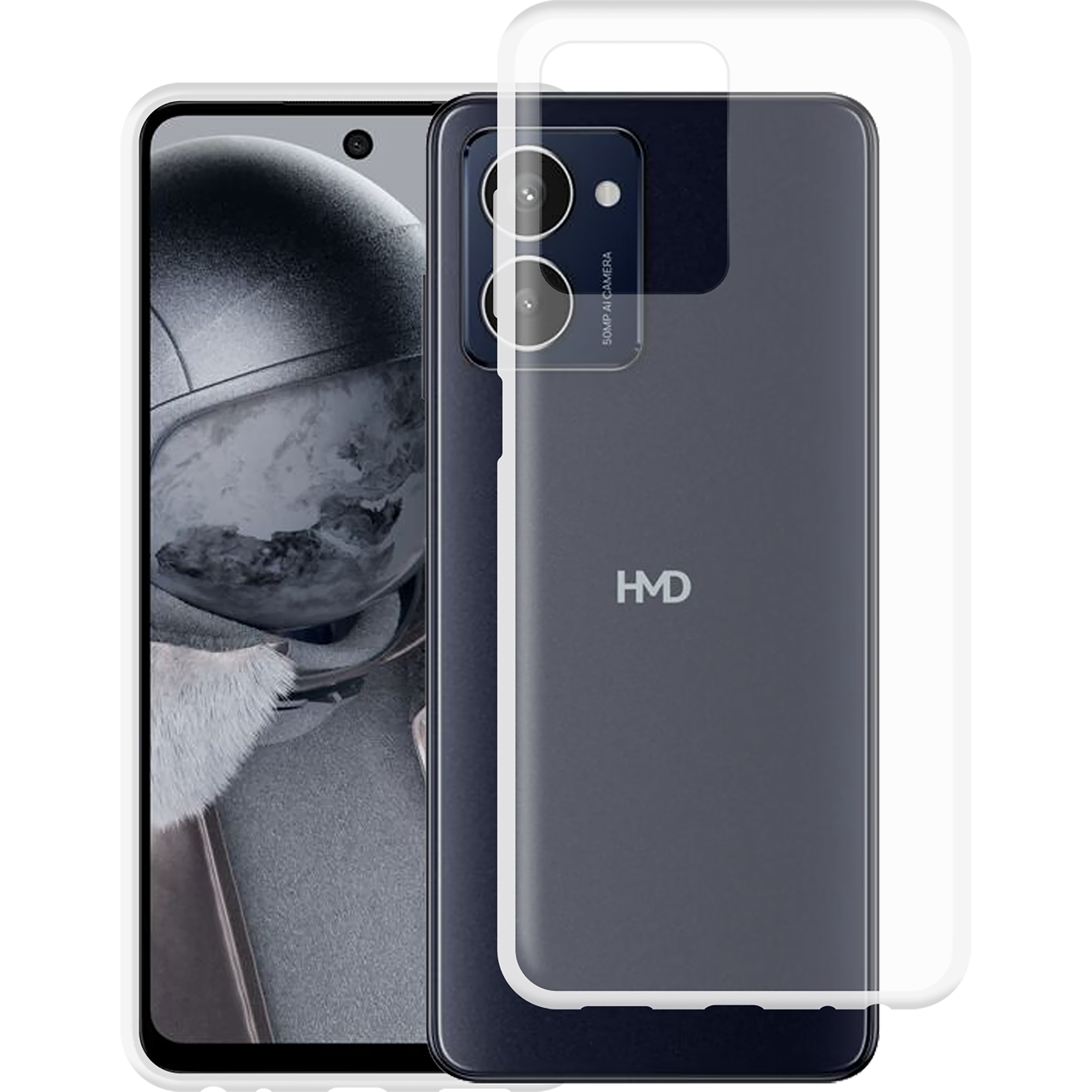Ein schwarzes Telefon mit Schutzhülle. Es hat eine Kamera und das HMD-Logo. Der Bildschirm zeigt eine Person mit Helm.