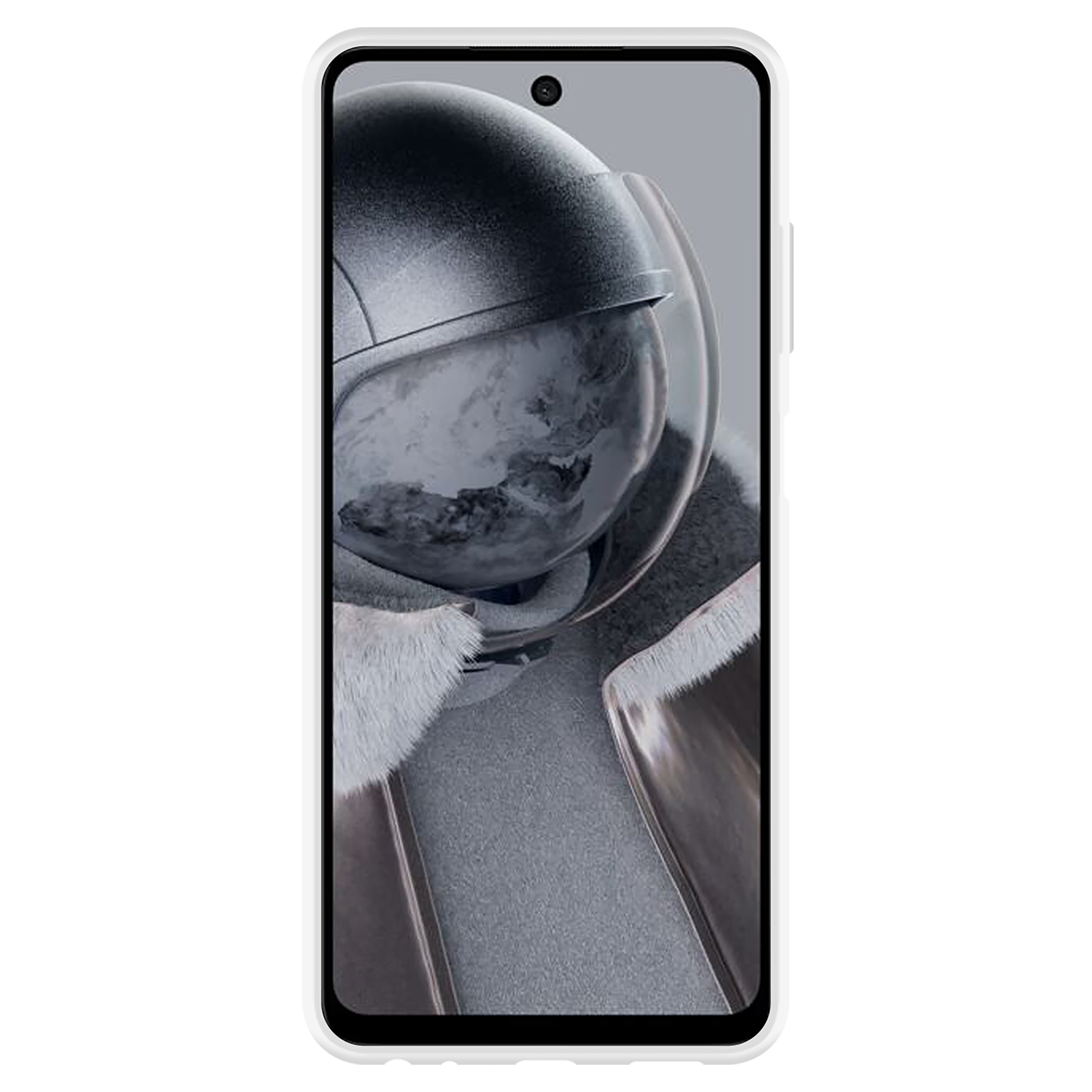 Smartphone-Bildschirm mit einem Astronauten im Raumanzug. Weißer Telefonrahmen. Isoliert auf schwarzem Hintergrund.