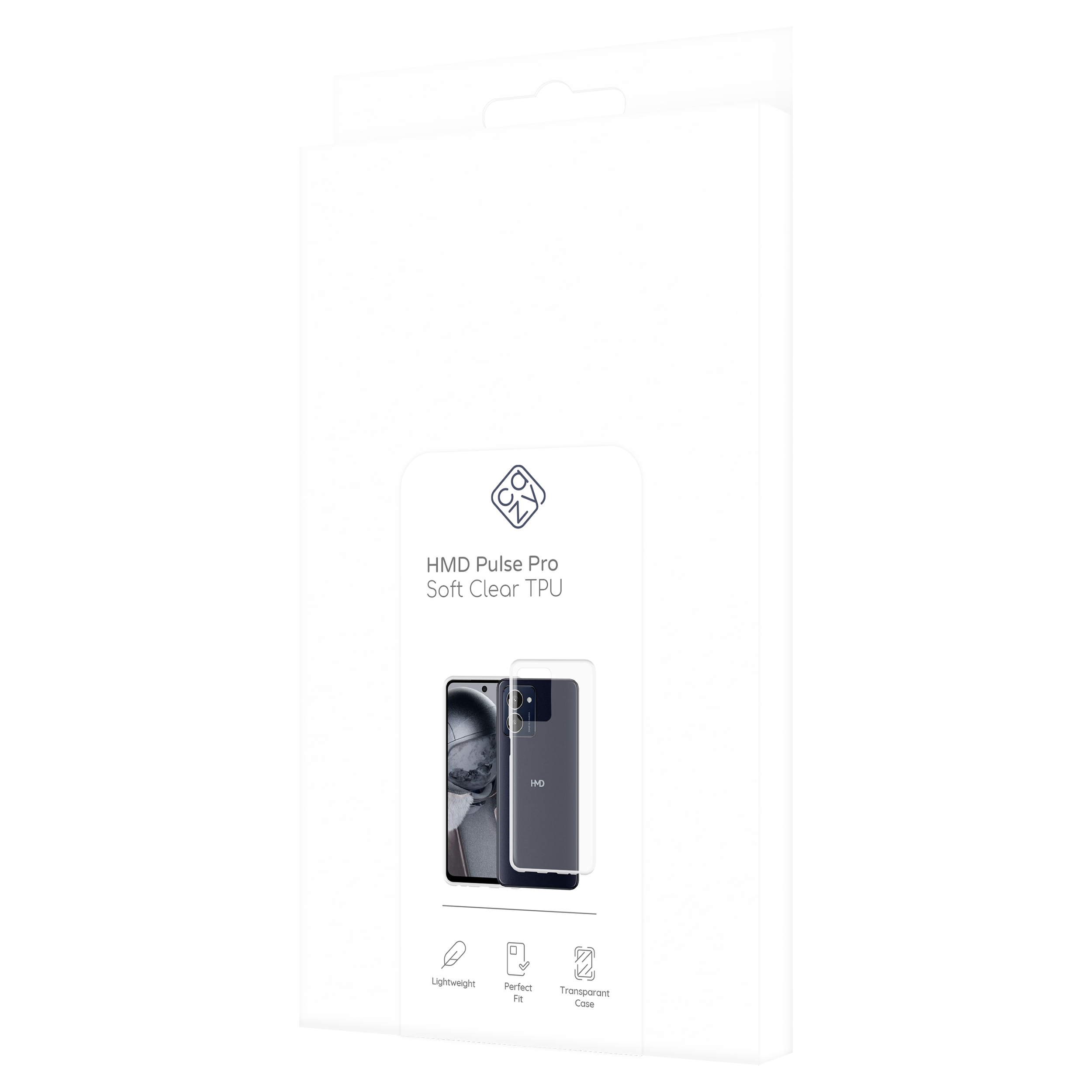 Eine weiße Box für eine Handyhülle, die ein Telefon darin zeigt. Die Hülle ist transparent.