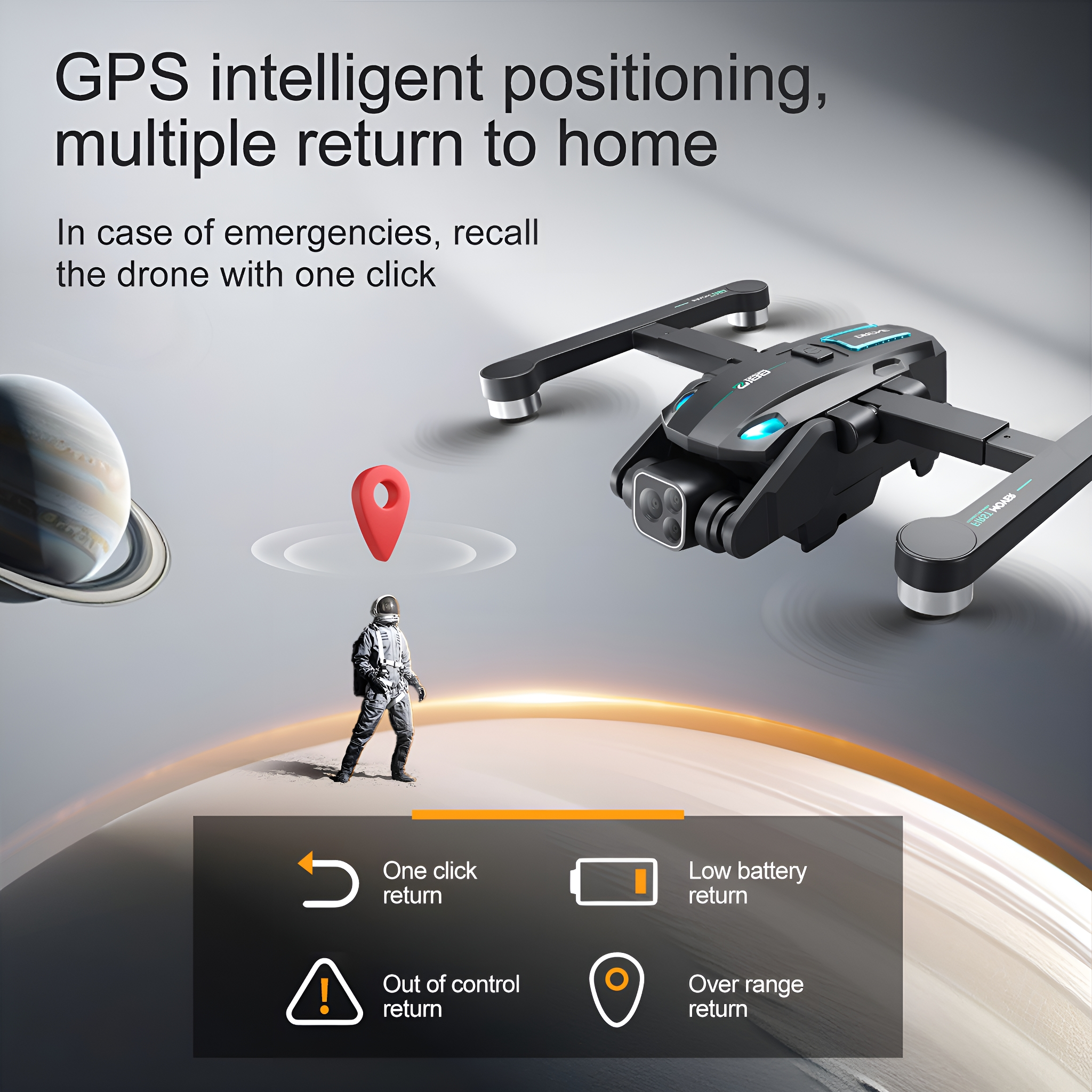 Drohne mit Text über GPS und Rückgabefunktionen. Eine Drohne, ein Astronaut und ein Planet.