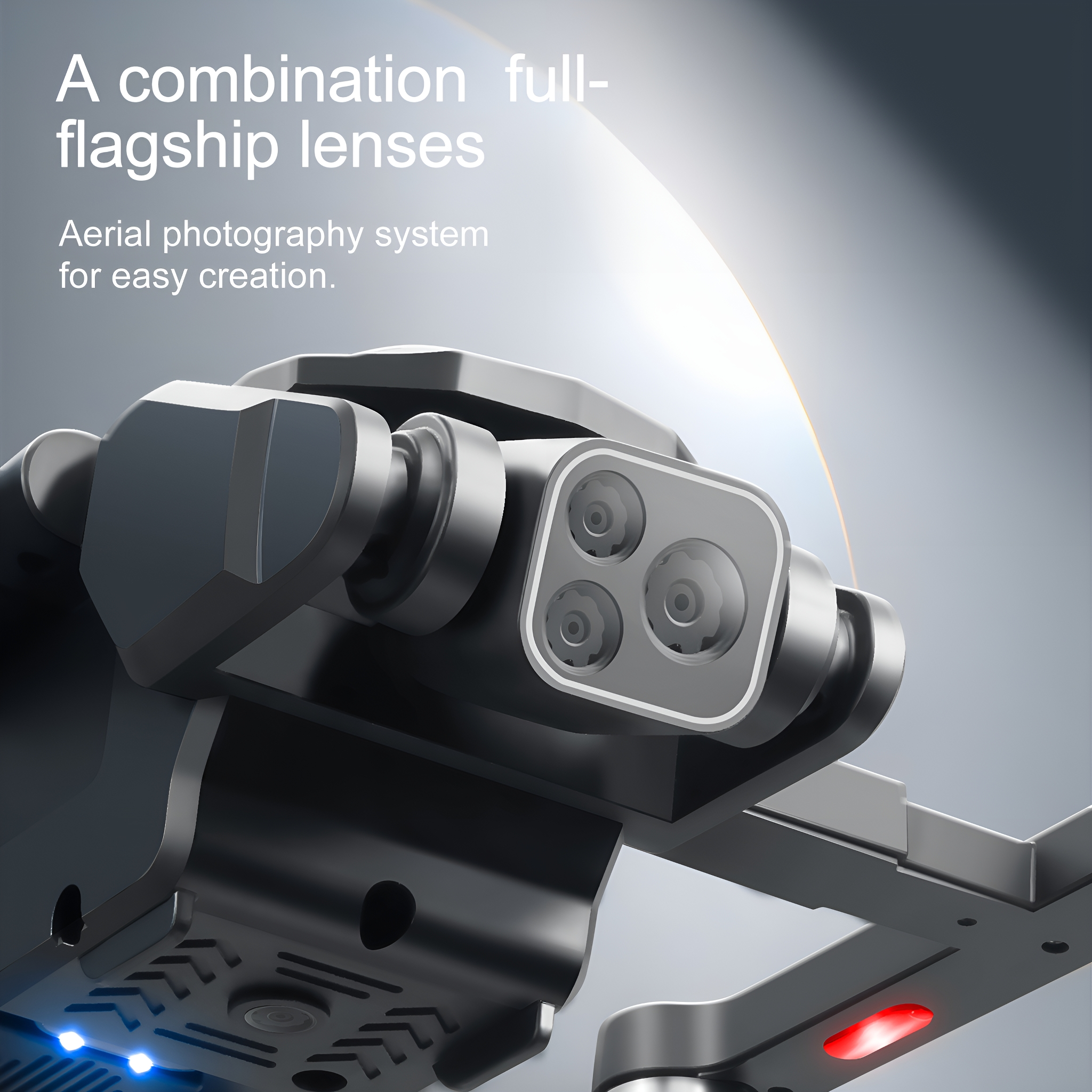 Nahaufnahme einer schwarzen Drohne mit drei Objektiven. Der Text lautet 'Eine Kombination aus Full-Flagship-Objektiven'.