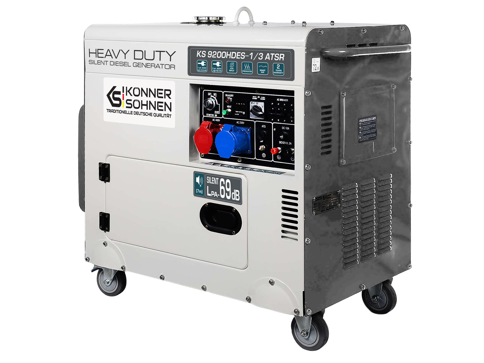 Wytrzymały, cichy generator diesla na kołach, biało-szary.