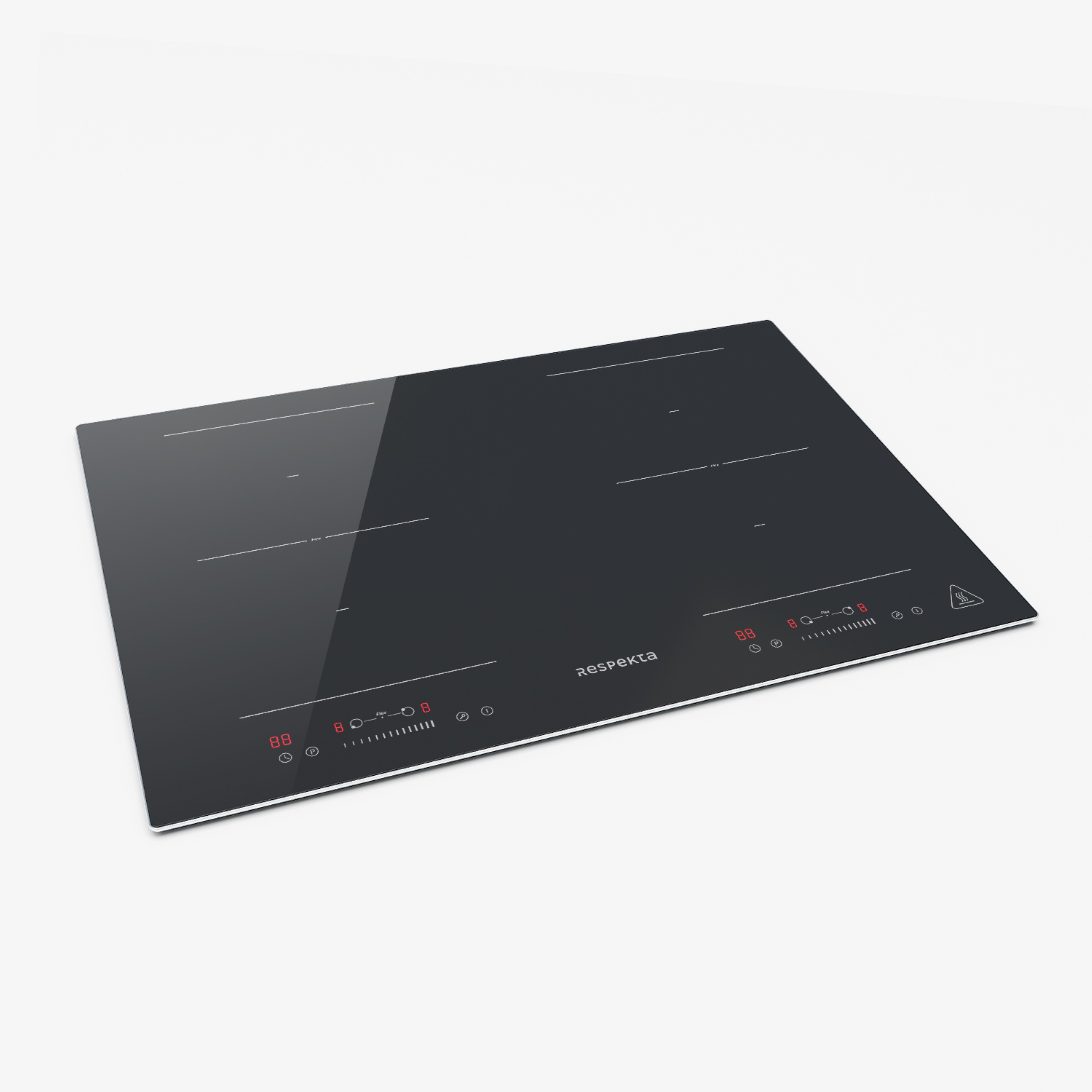 Zwarte inductiekookplaat. Vier kookzones, met touchbediening en display.