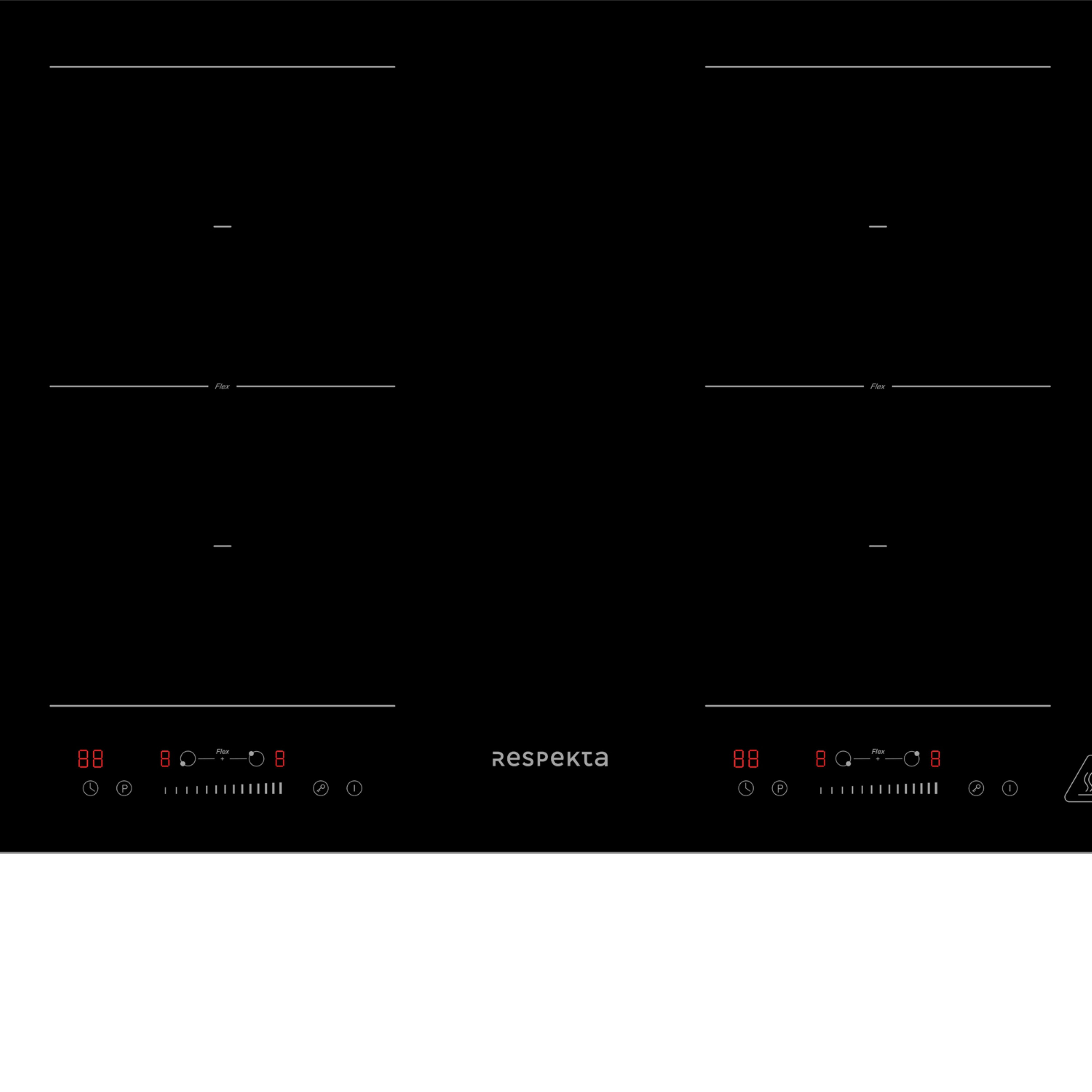 Table de cuisson à induction noire avec quatre brûleurs, la marque 'Respekta' et un panneau de commande.