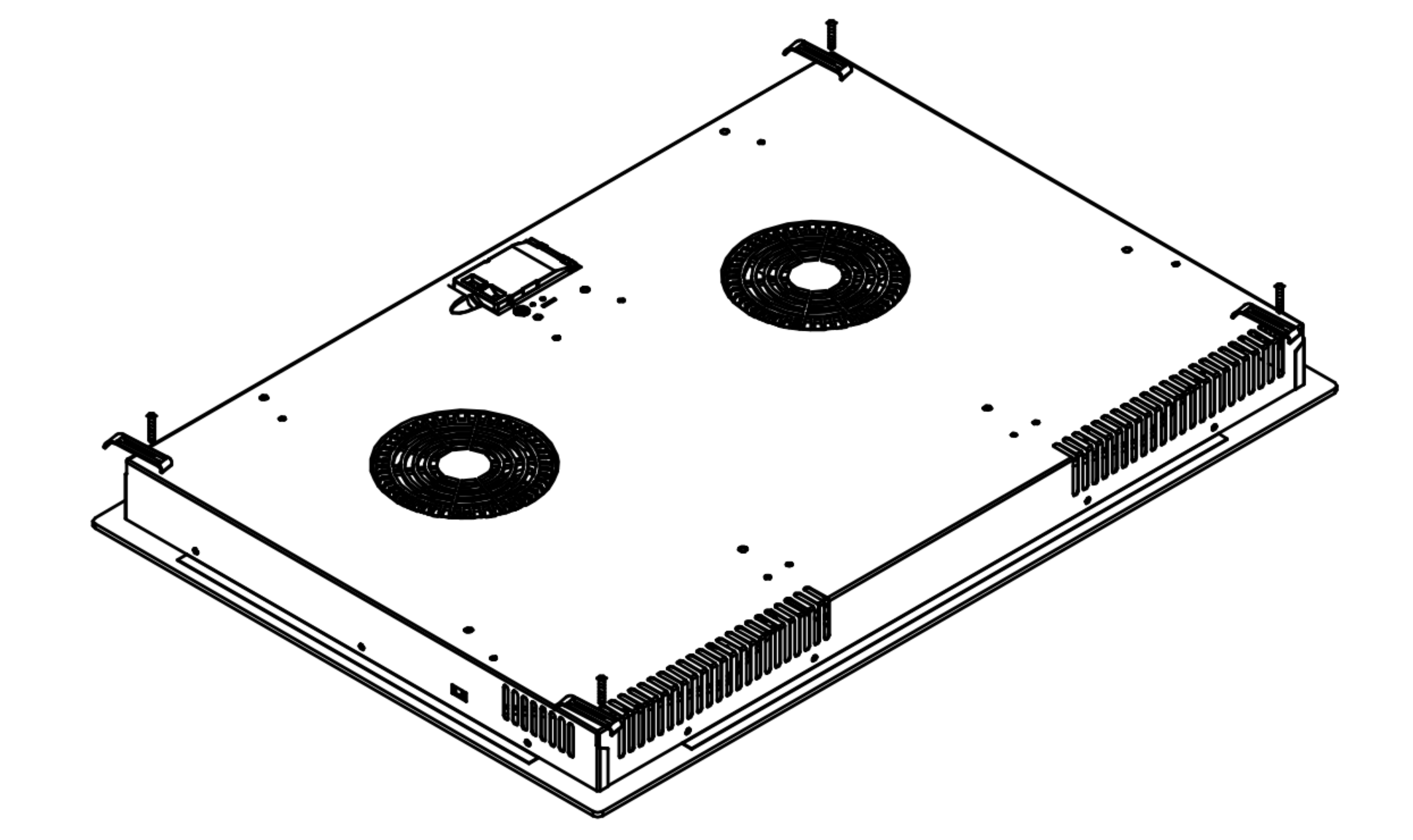 Vue isométrique d'une base de table de cuisson noire avec deux éléments chauffants circulaires et des vis.