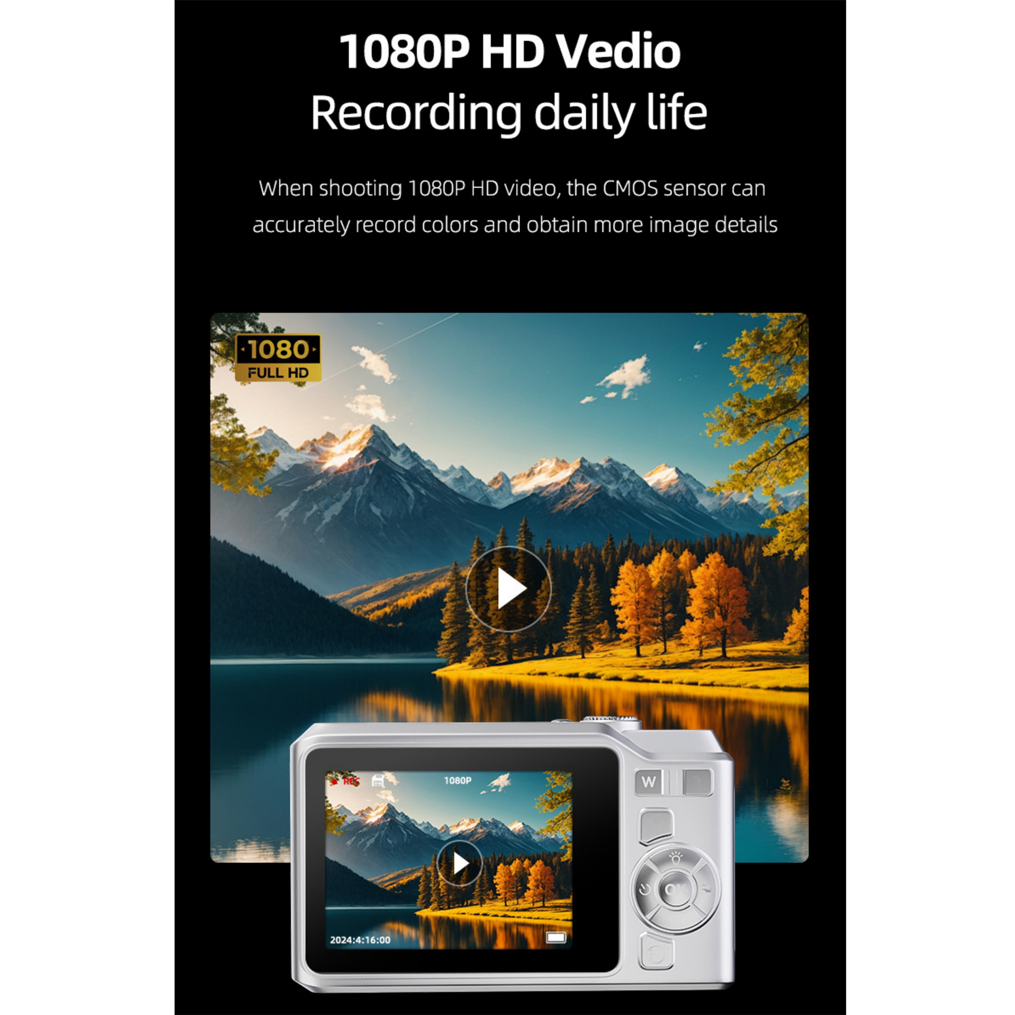 Digitalkamera mit einem Bildschirm, der eine Waldszene und eine Wiedergabetaste zeigt. Text zeigt 1080P HD-Video.