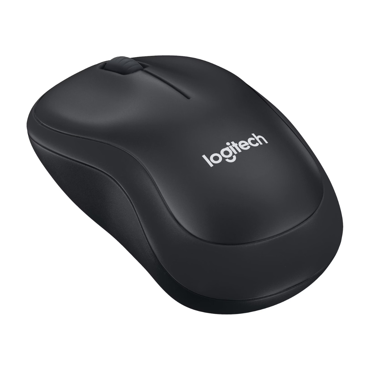 Schwarze kabellose Logitech-Maus auf weißem Hintergrund.