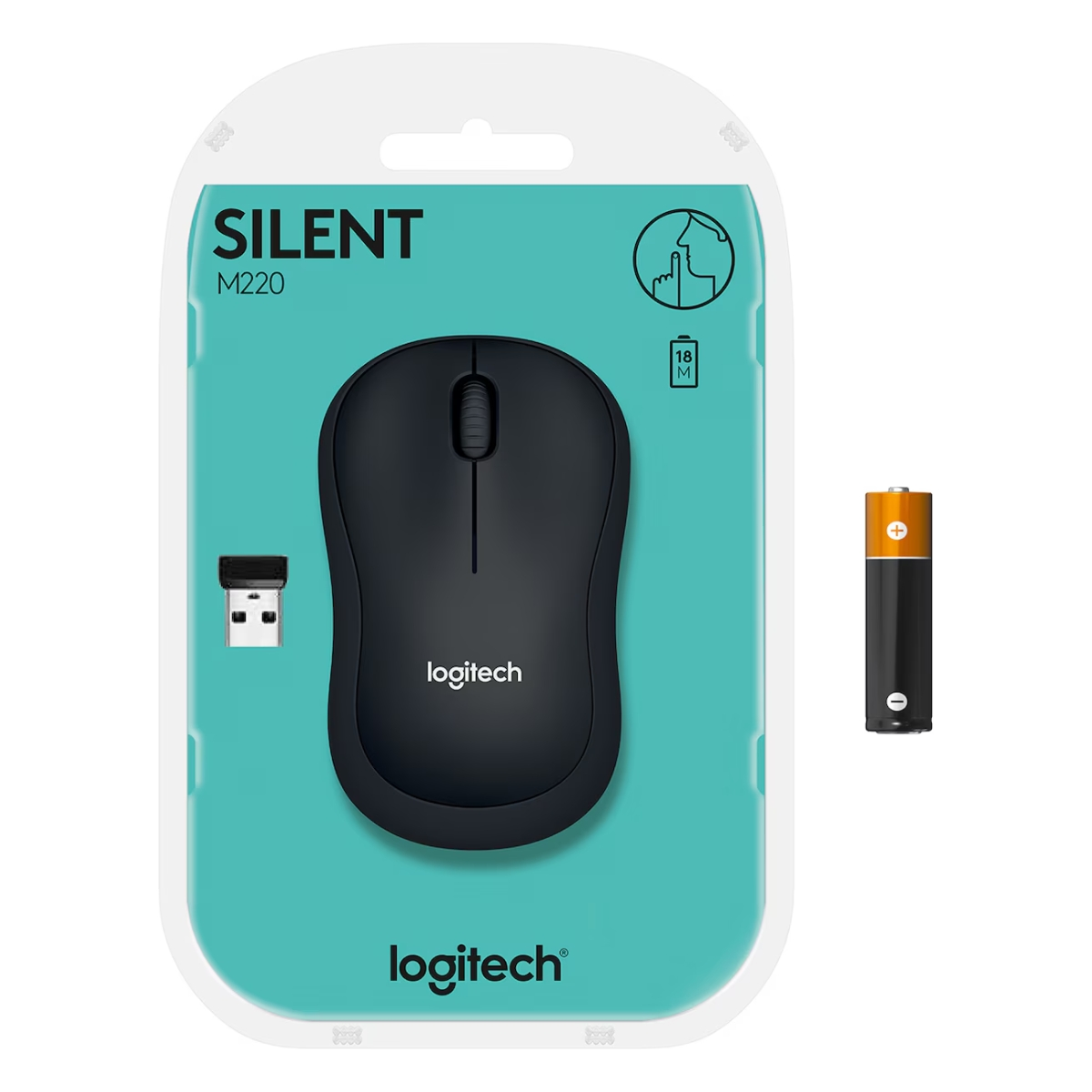 Schwarze Logitech M220 kabellose, stille Maus in Verpackung mit Batterie und USB-Dongle.
