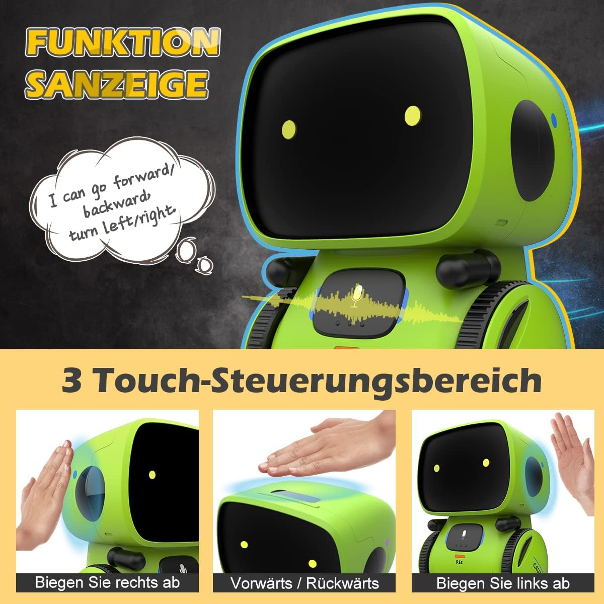 Grünes Roboter-Spielzeug mit Touch-Bereichen und Sprechblase.