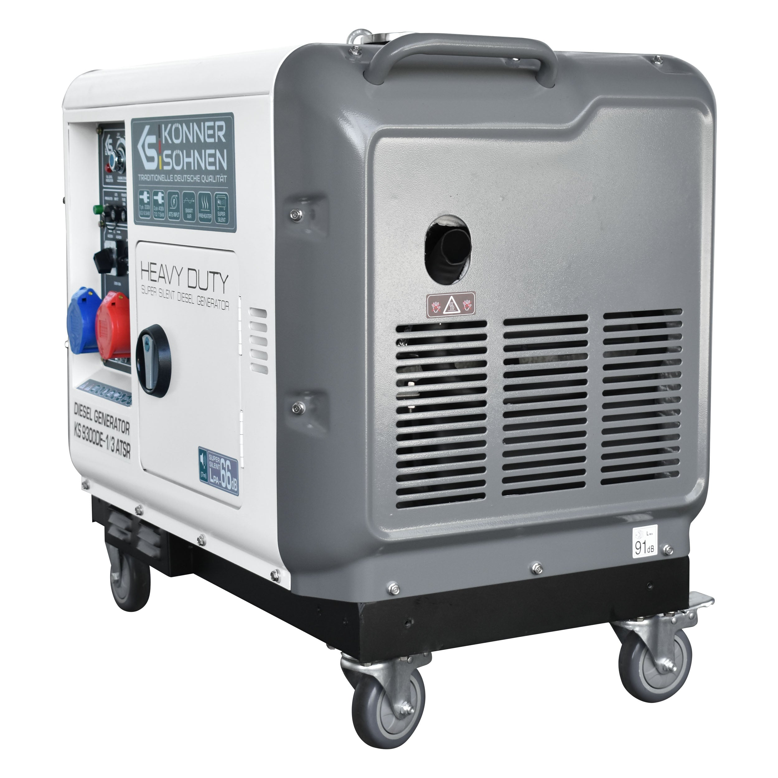 Biało-szary agregat prądotwórczy z silnikiem Diesla z kołami, elementami sterującymi i uchwytem.