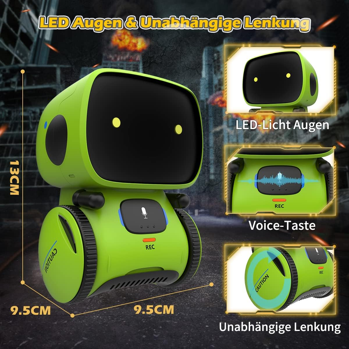 Grüner Roboter mit LED-Augen, Sprachtaste und unabhängiger Lenkung.