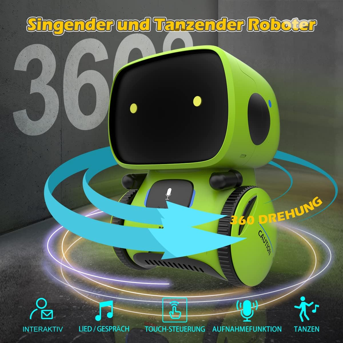 Grünes Roboter-Spielzeug mit schwarzem Bildschirm und 360-Grad-Dreh-Grafik, auf weißem Hintergrund.