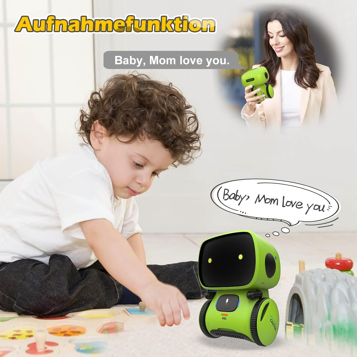 Ein Kind interagiert mit einem grünen Roboter. Eine Frau hält einen ähnlichen Roboter im Hintergrund.