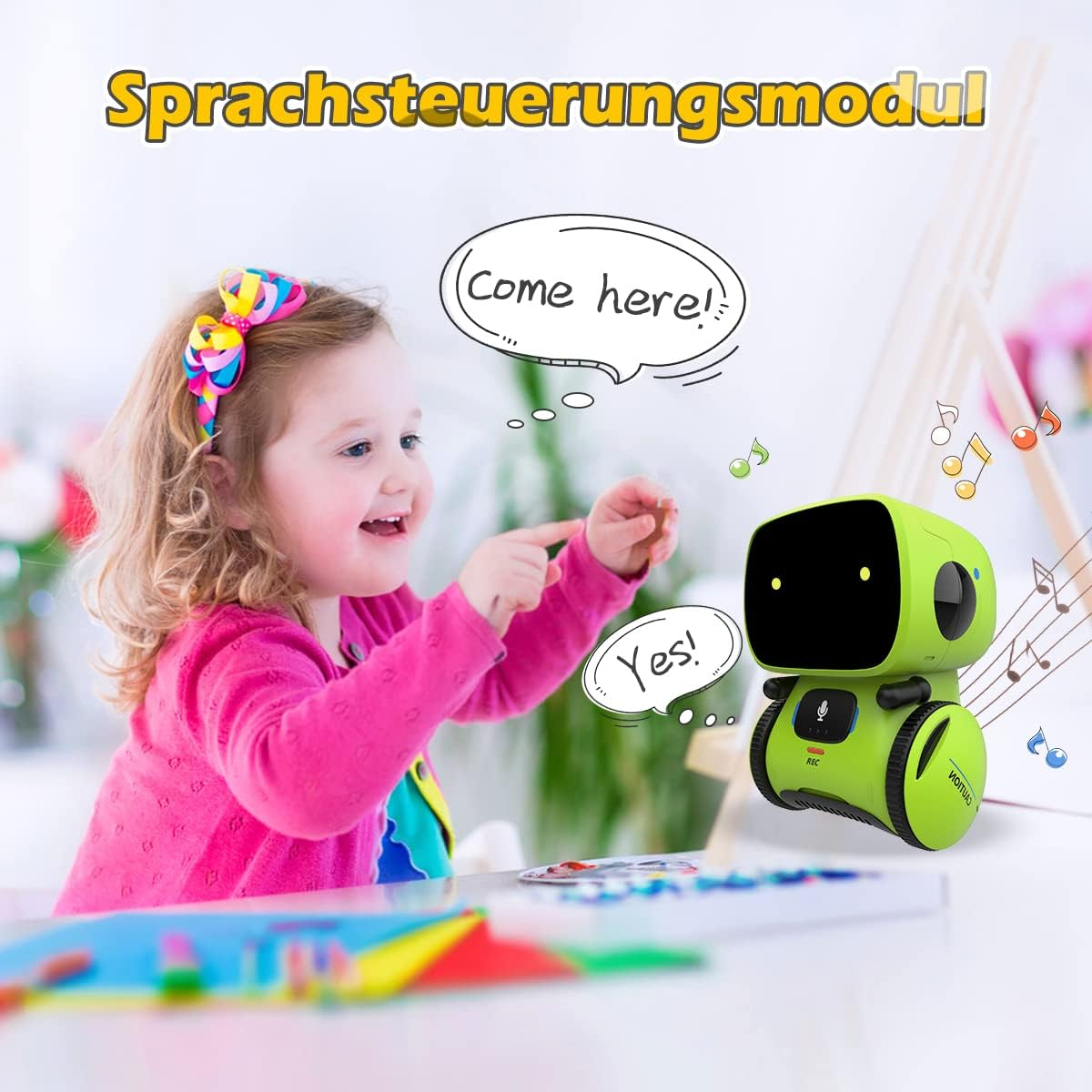 Junges Mädchen mit Roboter-Spielzeug mit grünem Körper und Sprechblase mit "Ja!".