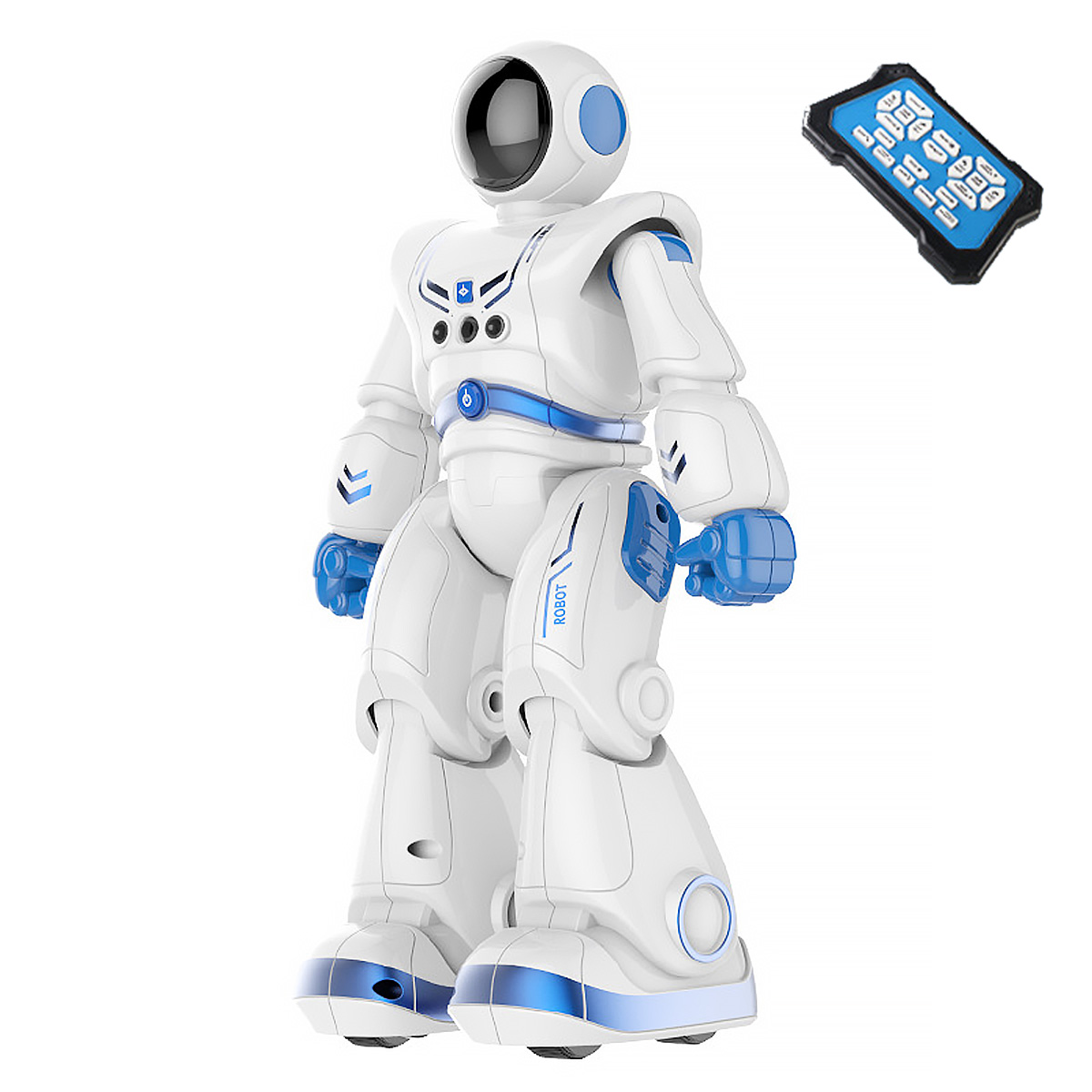 Weiß-blauer Spielzeugroboter mit Fernbedienung. Der Roboter hat einen runden Kopf und Arme.