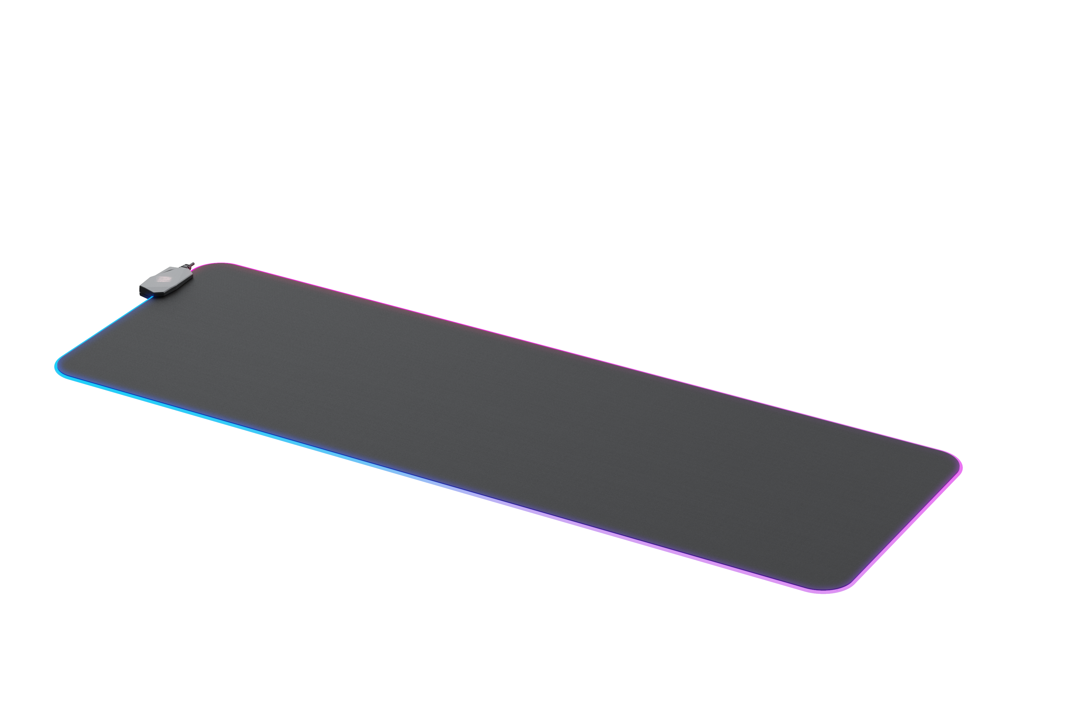 Tapis de souris noir et gris avec lumières RGB sur les bords sur fond noir.