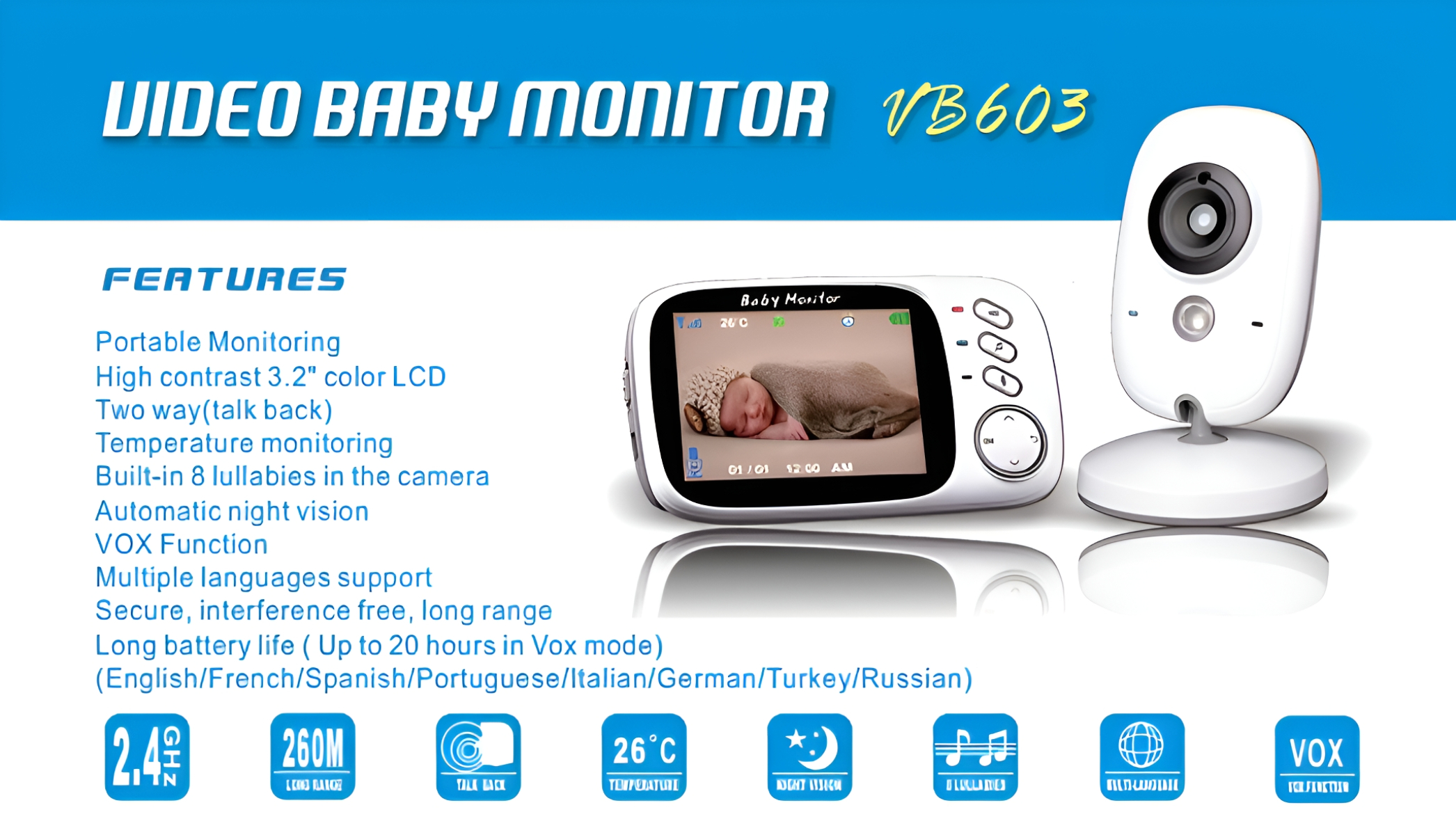 Babyphone mit Bildschirm und Kamera, Merkmale unten aufgeführt. Blauer Banner auf weißem Hintergrund.