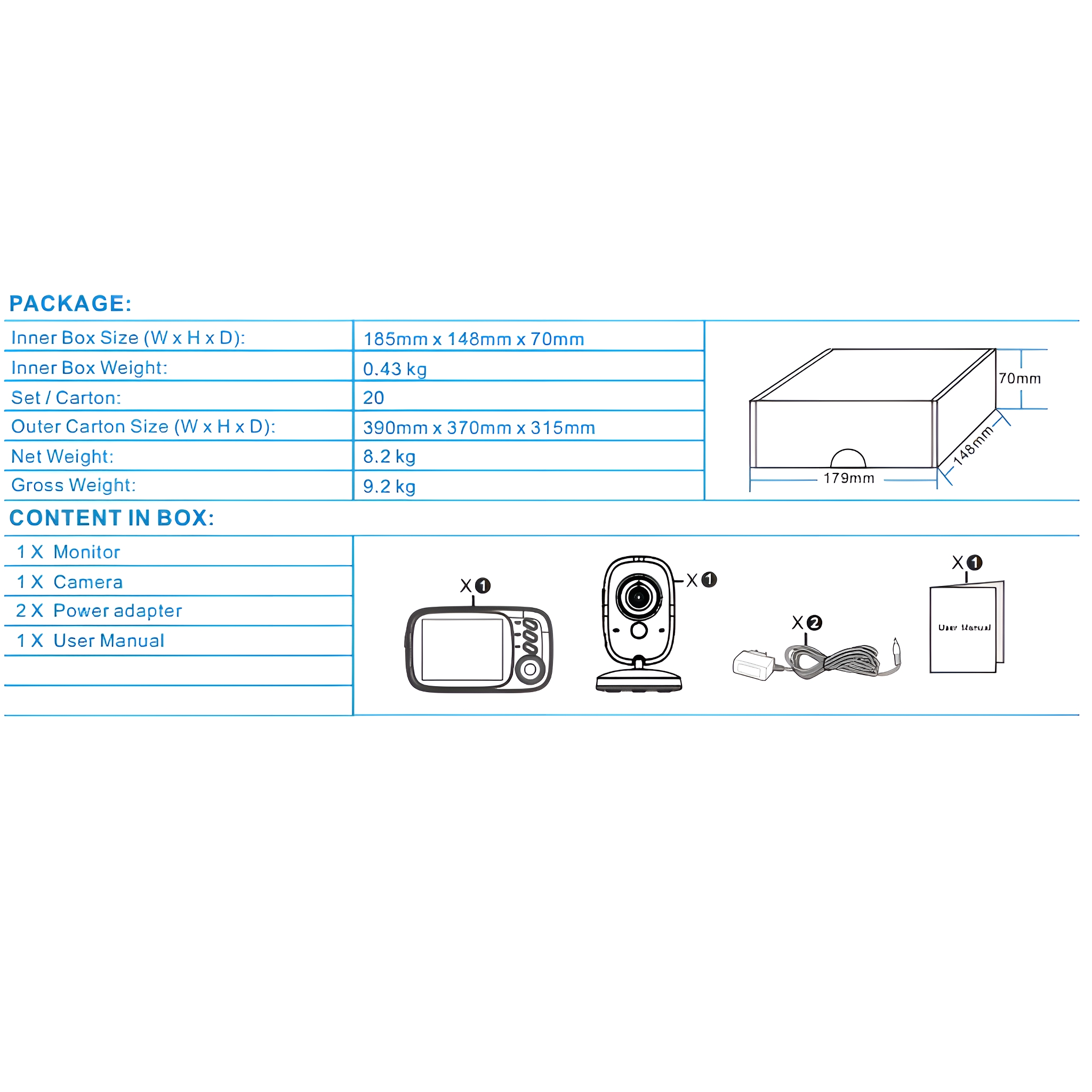 Diagramm eines Babyphone-Pakets, einschließlich Abmessungen, Gewicht und enthaltener Artikel.