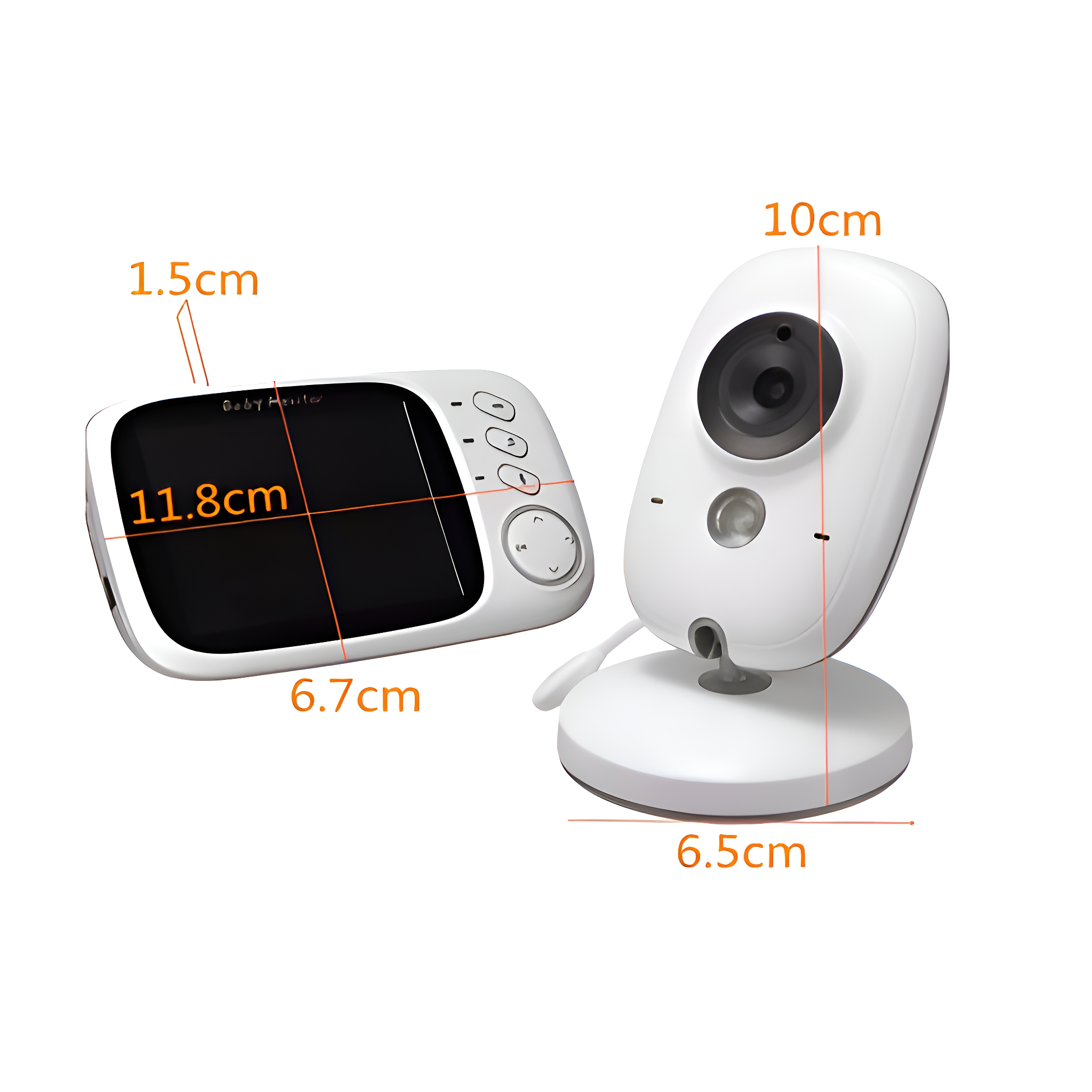 Babyphone-Set: Monitor mit Bildschirm und Kamera. Weiße Farbe, mit angezeigten Abmessungen.