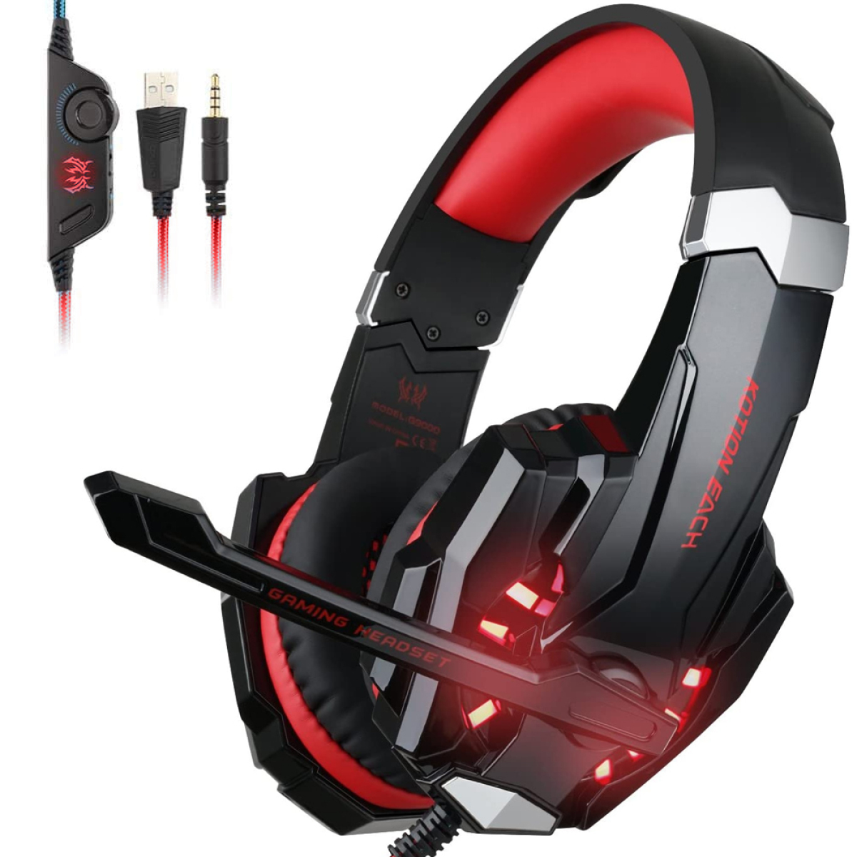 Schwarzes und rotes Gaming-Headset mit Mikrofon und Bedienelementen. Weißer Hintergrund.