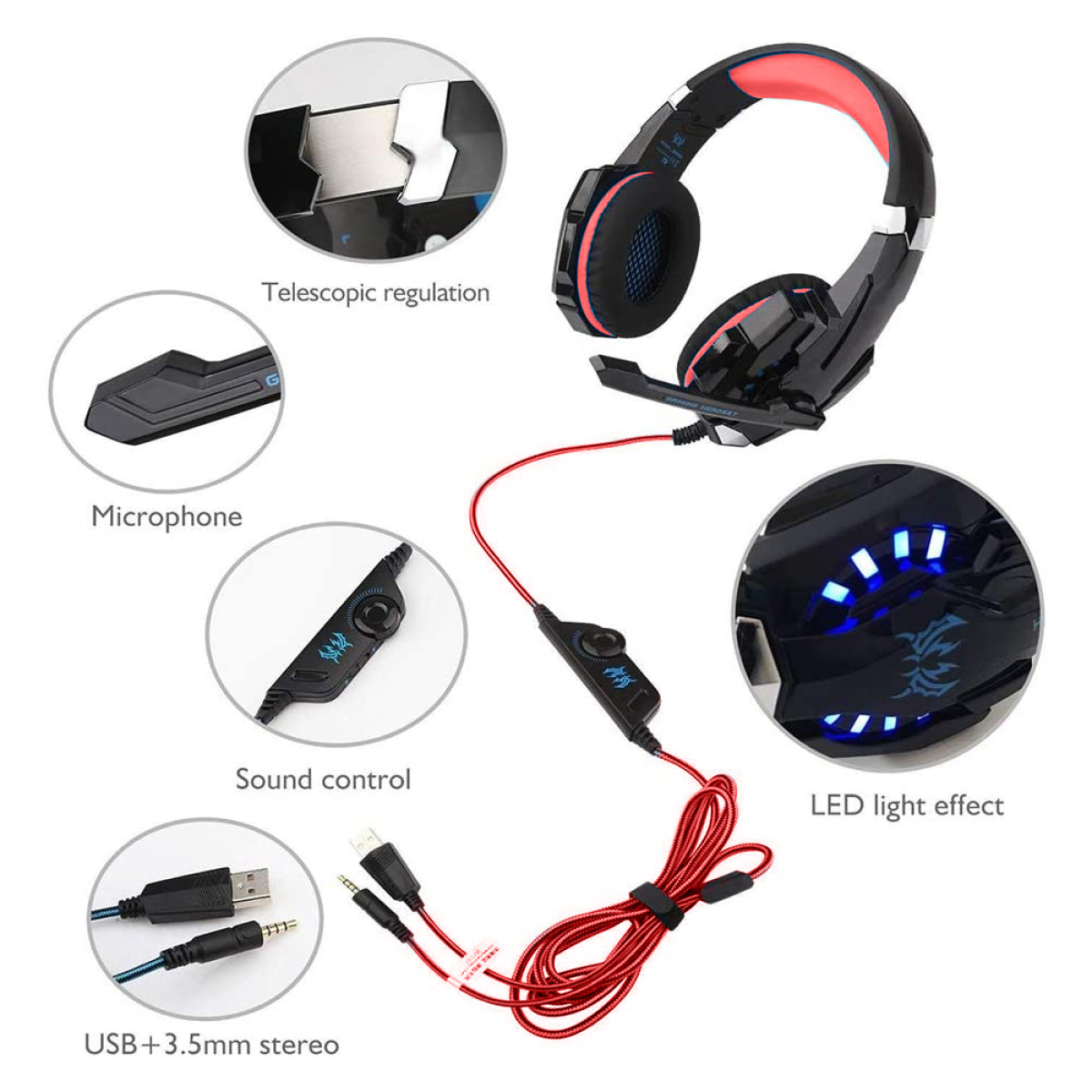Diagramm eines Gaming-Headsets, das Funktionen wie Mikrofon, Klangregelung und LED-Leuchten hervorhebt.