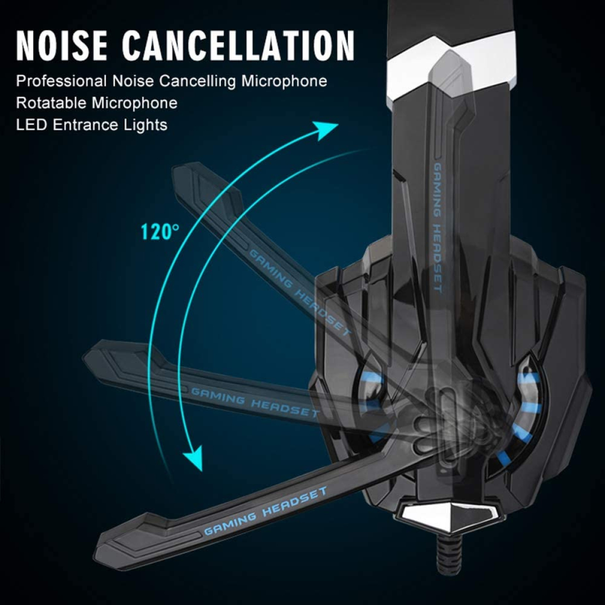 Schwarzes und blaues Gaming-Headset, Mikrofon abgewinkelt, mit Text 'GAMING HEADSET'. Pfeile zeigen die Drehung des Mikrofons.