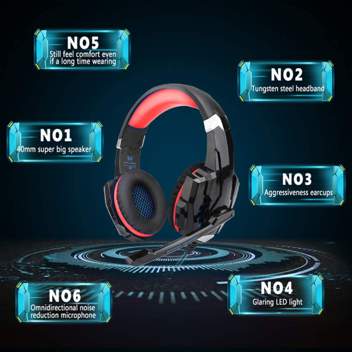 Gaming-Headset mit roten und schwarzen Akzenten. Zu den Merkmalen gehören ein Mikrofon und LED-Beleuchtung.