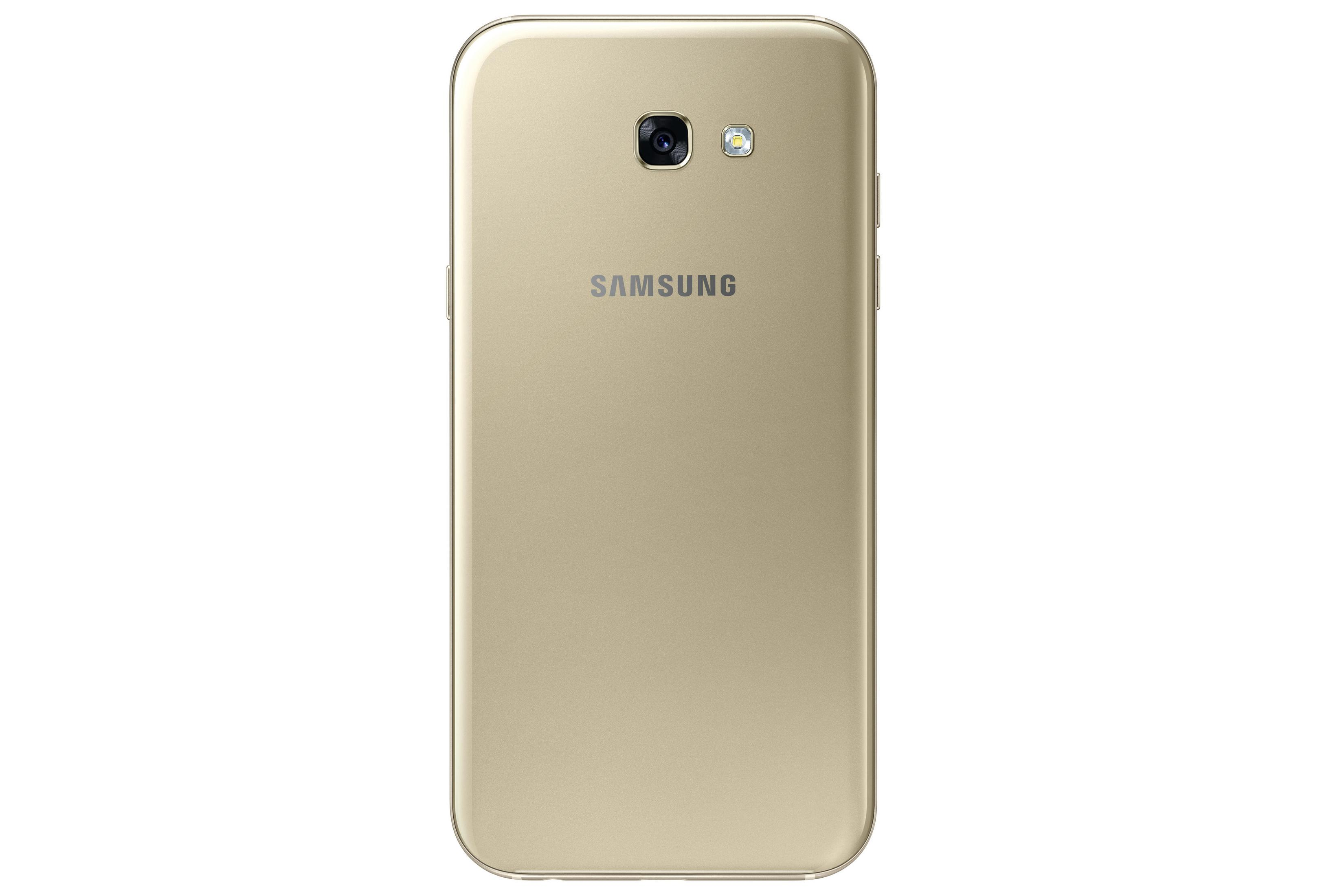 Goldenes Samsung-Telefon auf der Rückseite. Kamera und Blitz oben. Samsung-Logo unten. Weißer Hintergrund.