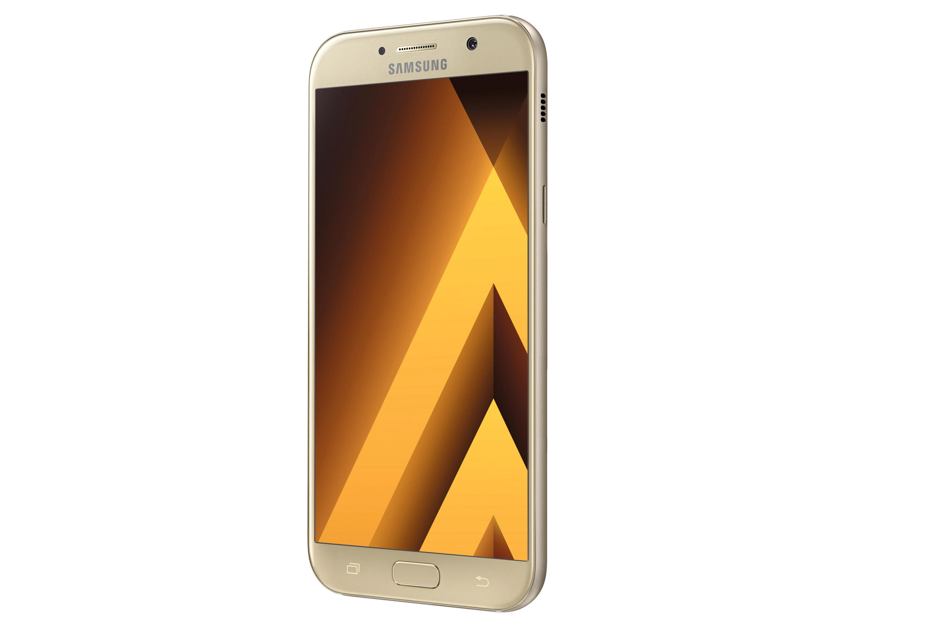 Goldenes Smartphone mit Bildschirm mit geometrischen Formen, Samsung-Logo und weißem Hintergrund.