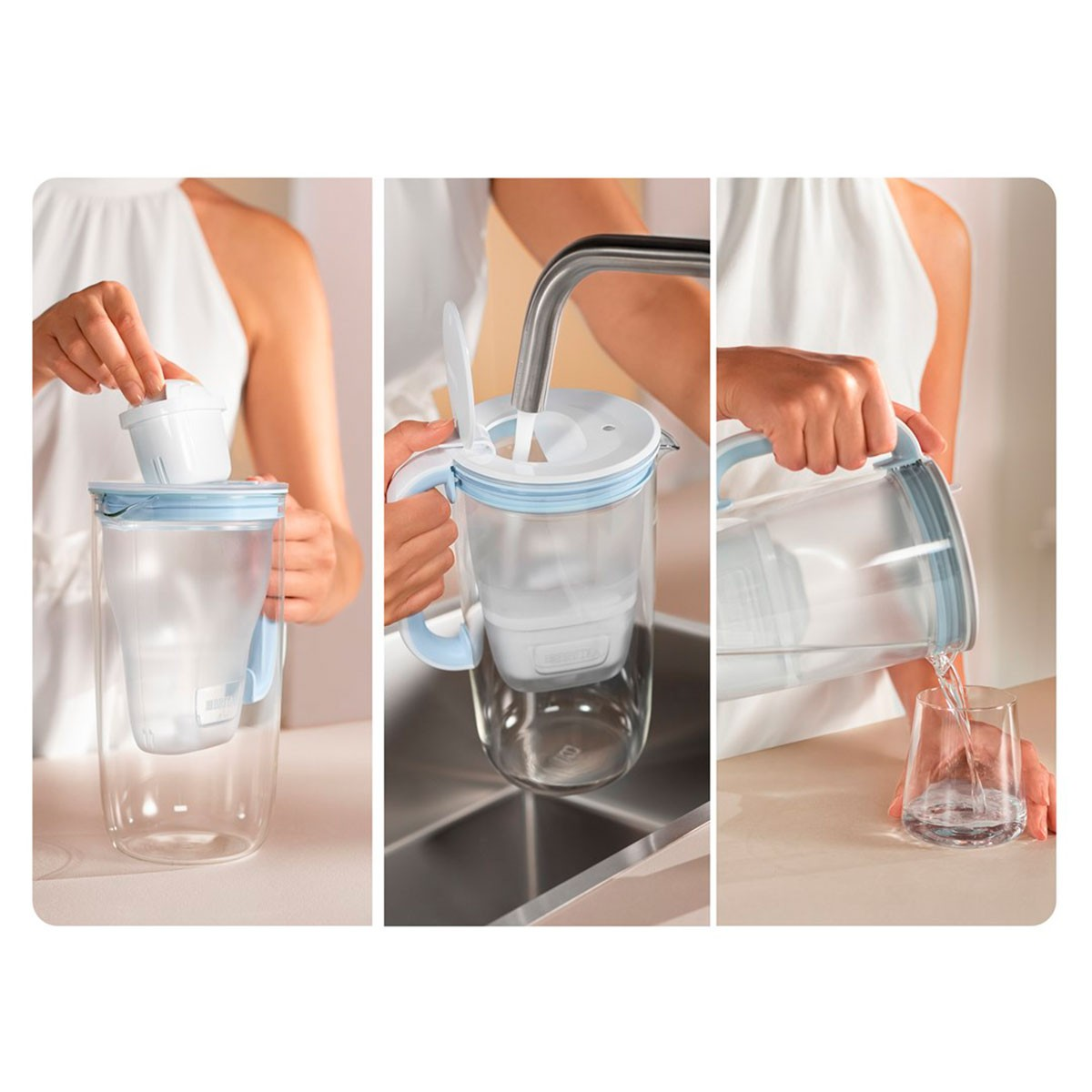 Tre immagini: una donna che riempie un filtro d'acqua, versa acqua e tiene il contenitore.