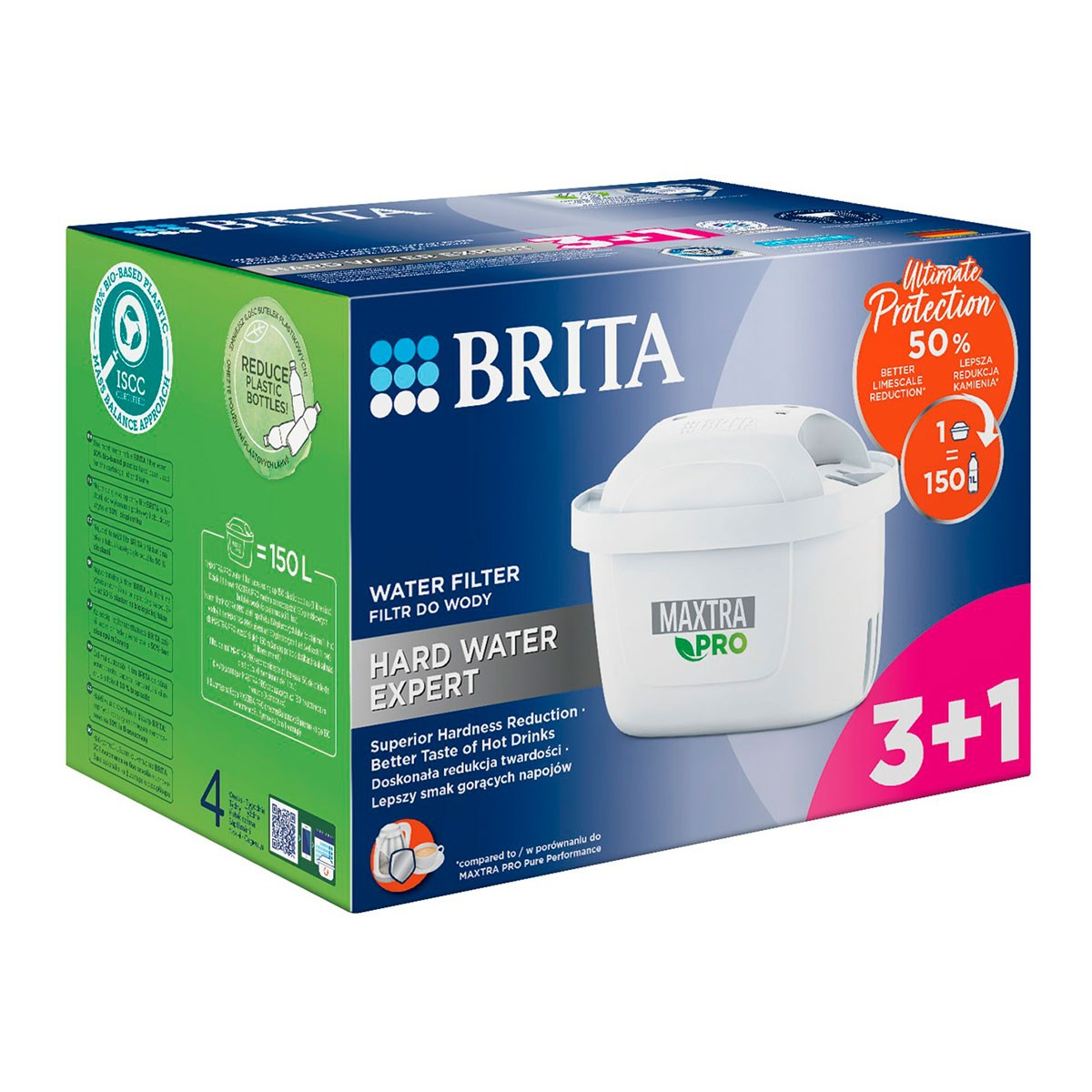 Scatola di filtro dell'acqua con testo e marchio. Il filtro bianco è all'interno.