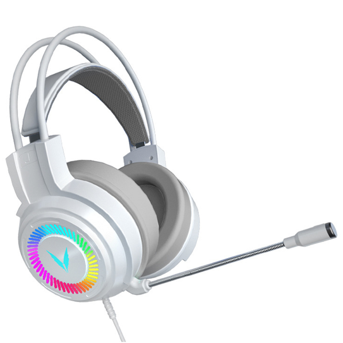 Weißes Gaming-Headset mit Mikrofon. Verfügt über RGB-Beleuchtung an den Ohrmuscheln.