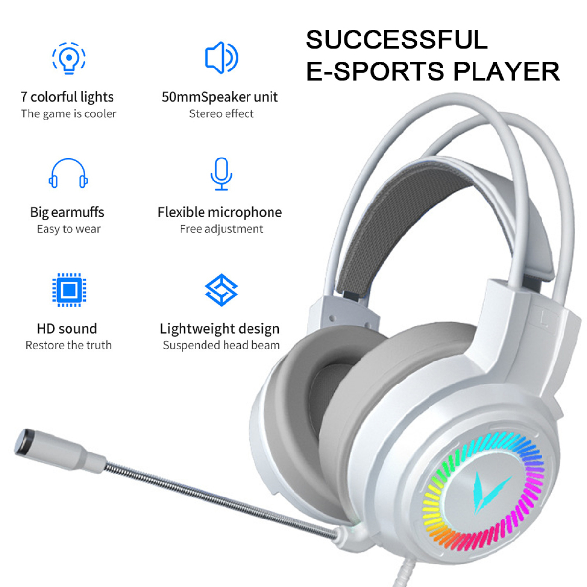 Weißes Gaming-Headset mit bunten Lichtern und flexiblem Mikrofon.