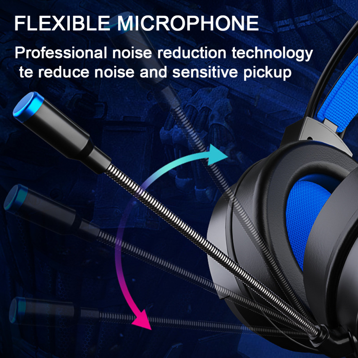 Ein flexibles Mikrofon-Headset mit blauem Akzent. Pfeile zeigen die Geräuschreduzierung an.