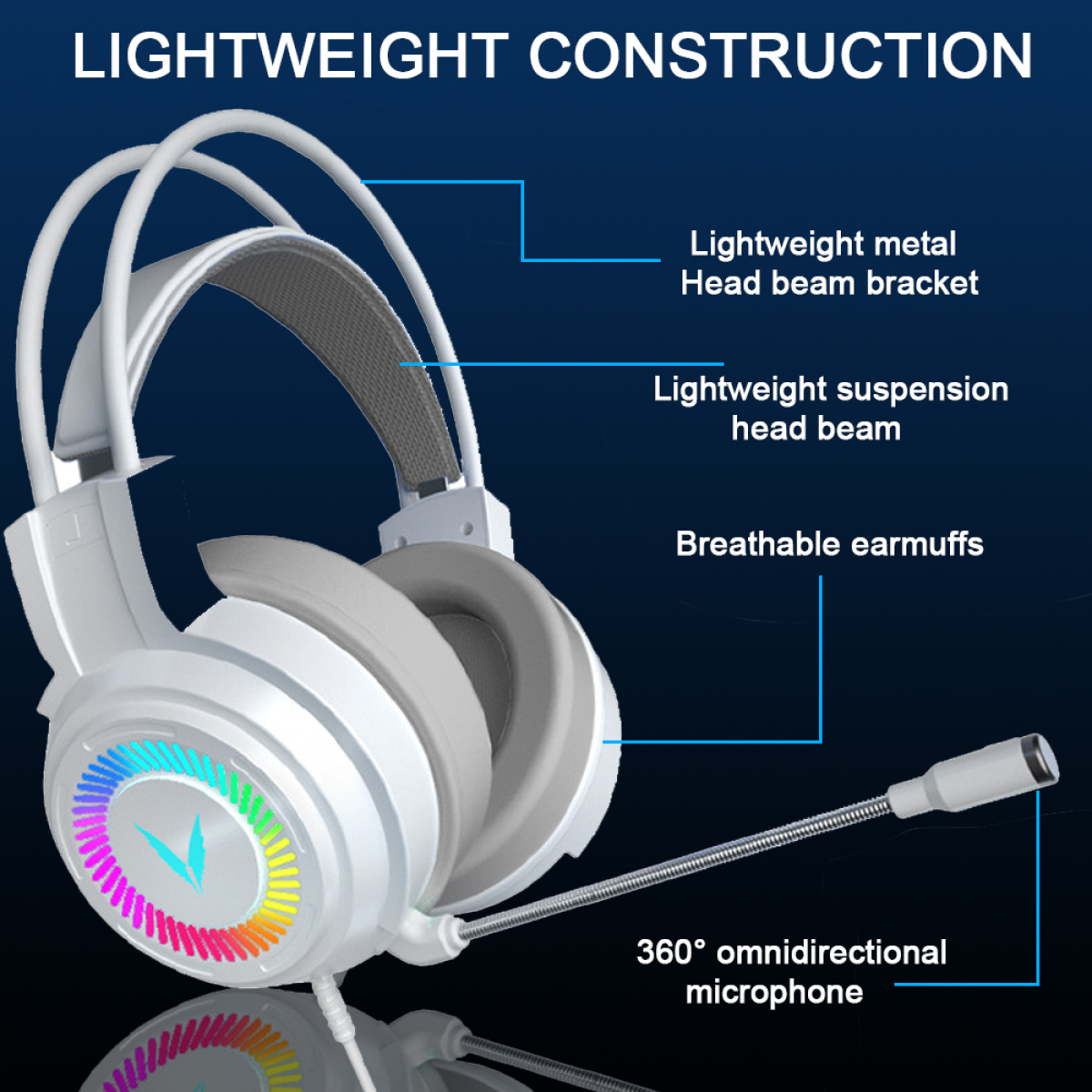 Weißes Gaming-Headset mit farbigen Ohrmuscheln und Mikrofon.
