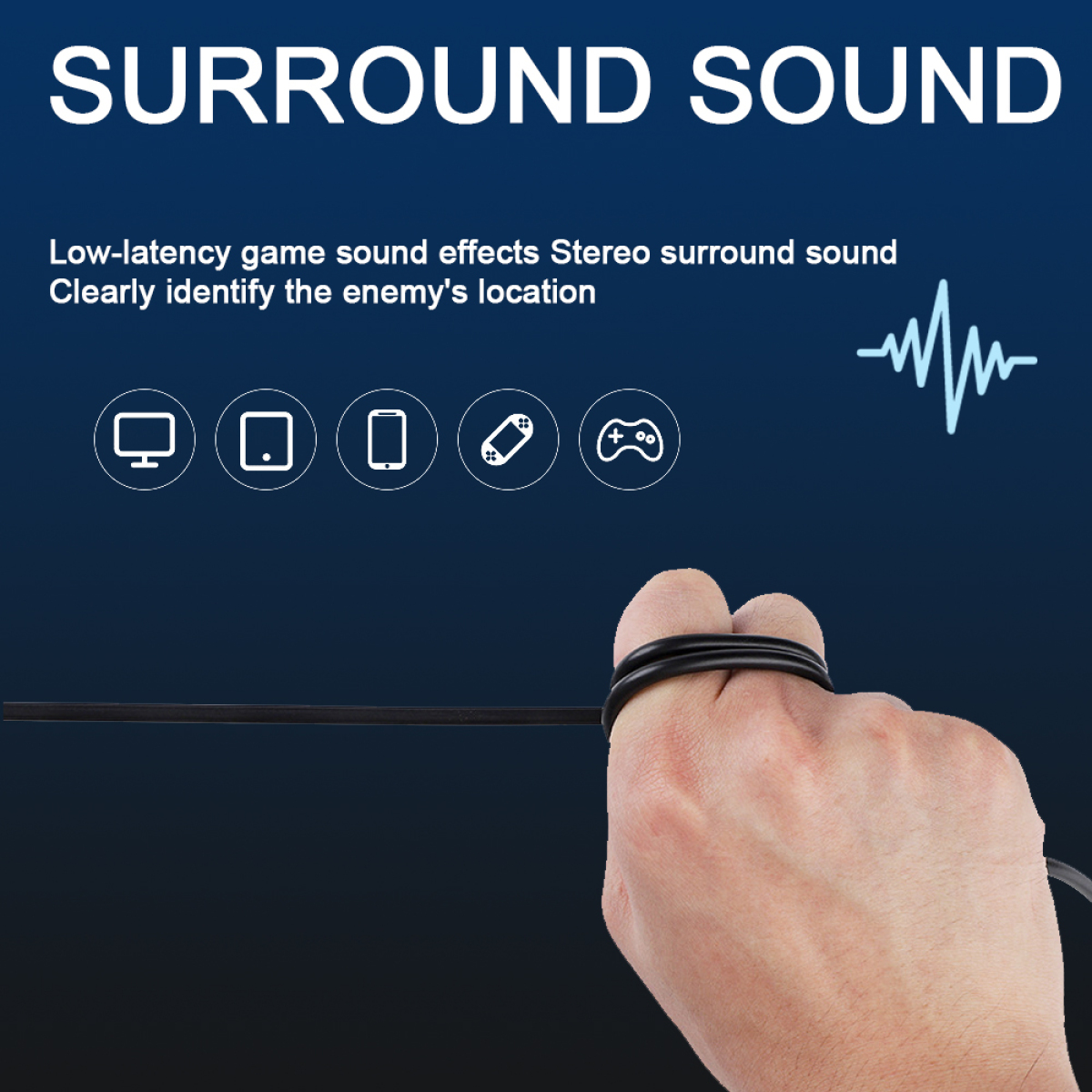 Hand hält ein schwarzes Kabel mit Text über Surround-Sound und Icons.