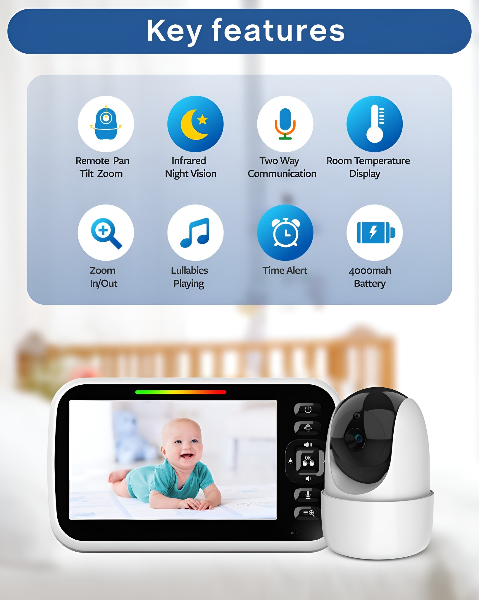 Babyphone-Set mit einem Babyphone und einer Kamera mit Symbolen für wichtige Funktionen über dem Monitor.