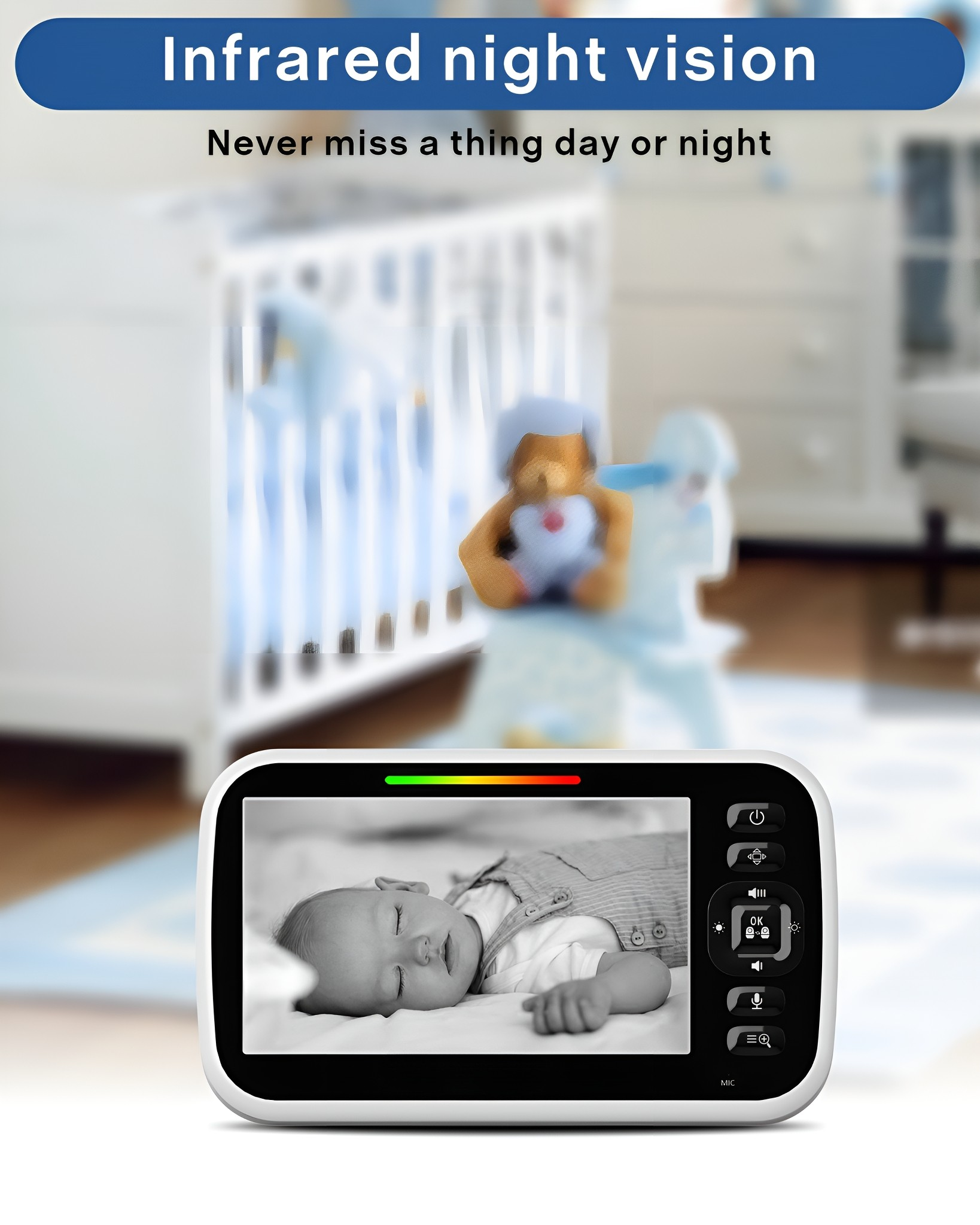 Babyphone, das ein schlafendes Baby im Kinderbett zeigt. Der Monitor hat Knöpfe und einen Farbbalken.