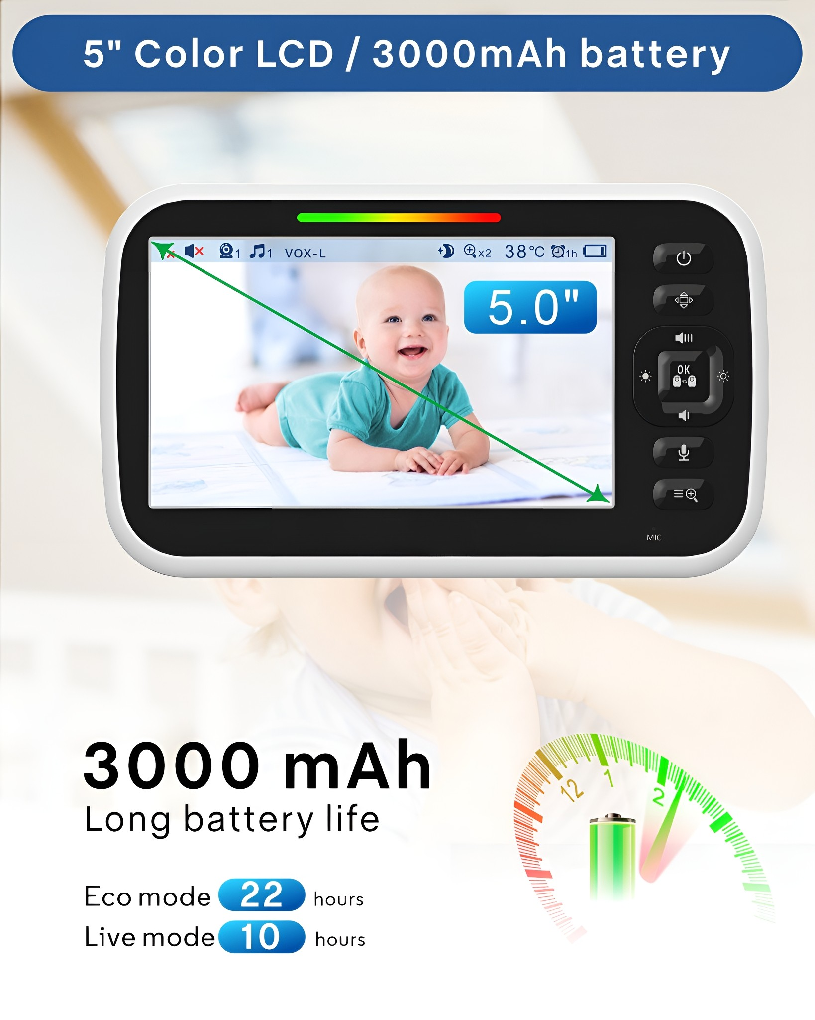 Babyphone mit Baby. Bildschirm zeigt lächelndes Baby. Knöpfe und Text rechts.