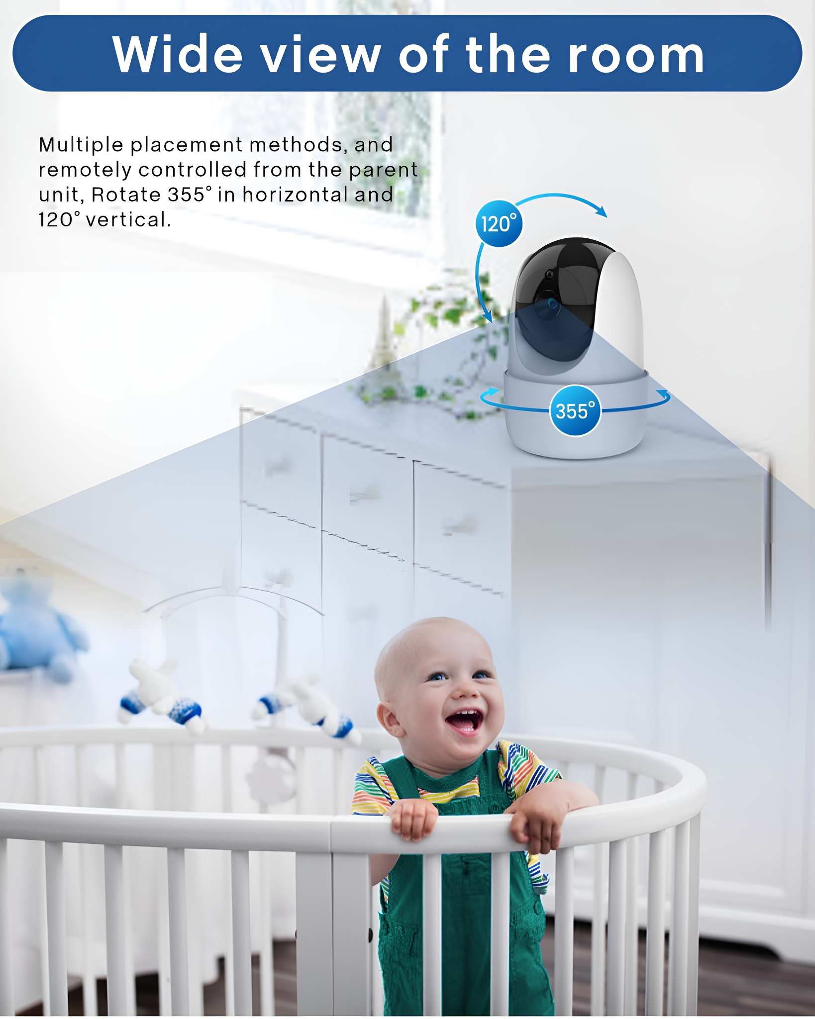 Ein Baby im Kinderbett mit Babyphone, das den Raum zeigt. Pfeile zeigen den Bereich der Kamera.