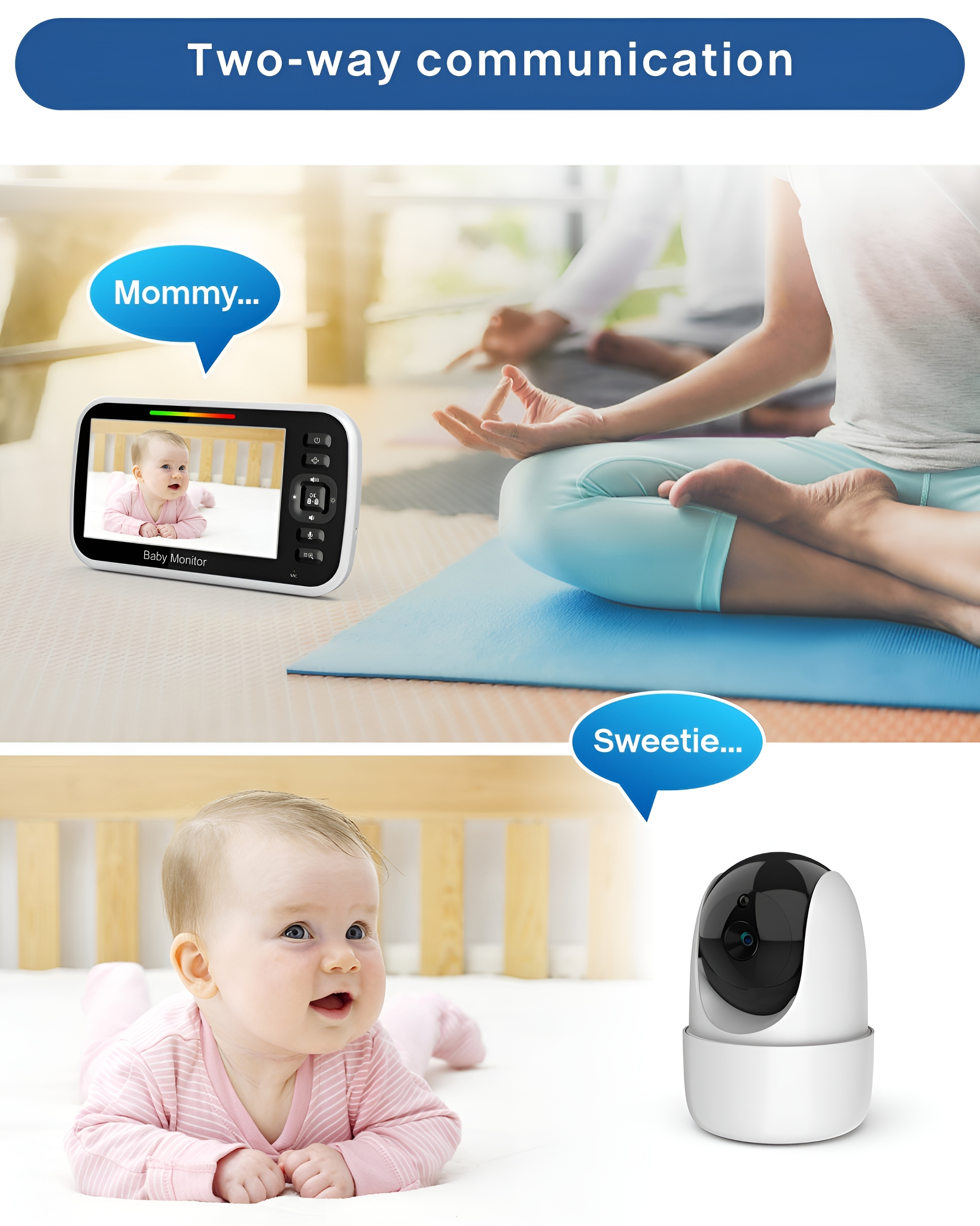 Babyphone zeigt ein Baby und den Text 'Mommy...'. Ein Baby schaut auf eine Babyphone-Kamera.