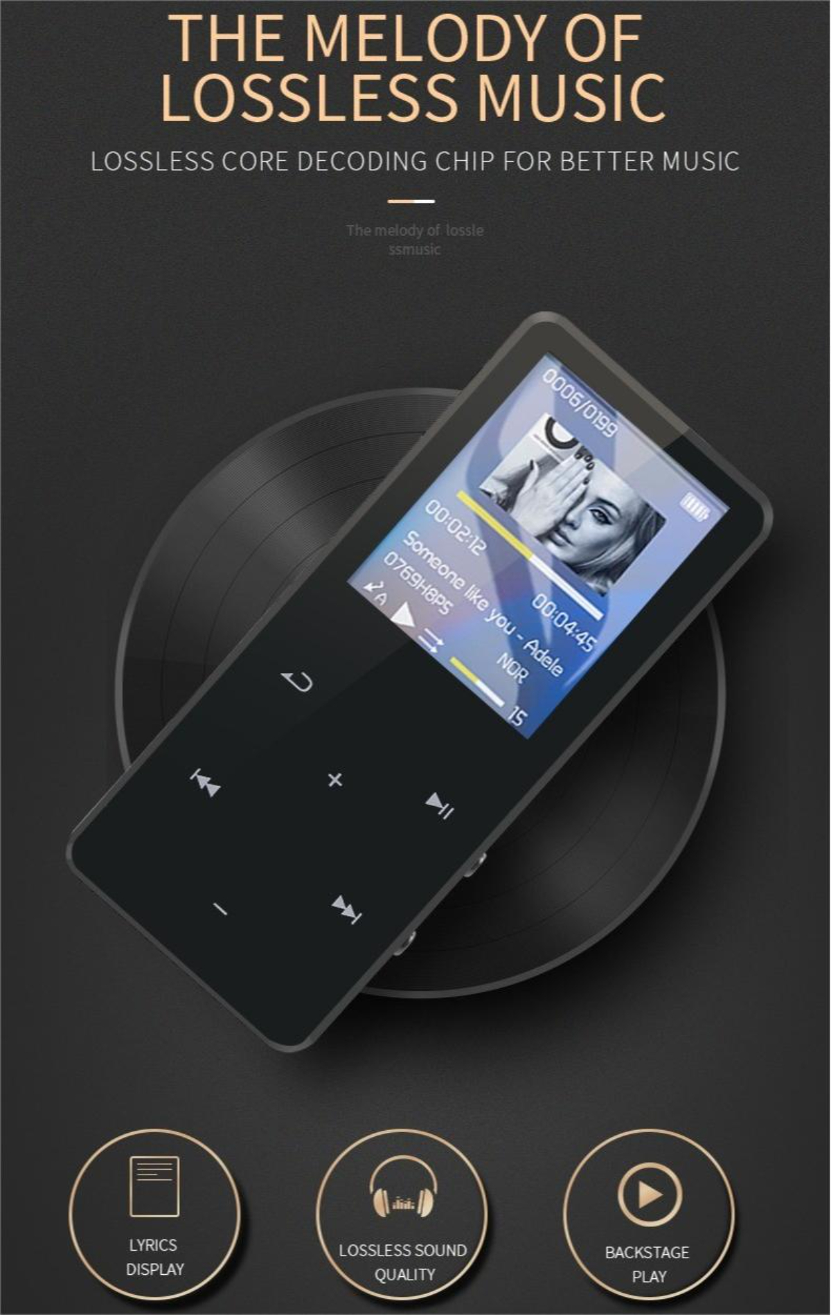 Schwarzer MP3-Player mit Bildschirm, der eine Musik-Playlist anzeigt, vor dunklem Hintergrund.