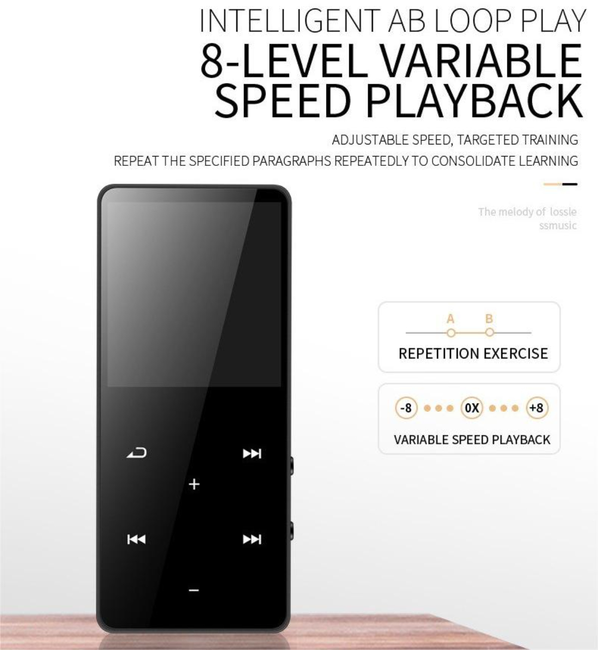 Ein schwarzer digitaler Musikplayer mit Knöpfen und einem Bildschirm, der Informationen anzeigt, auf weißem Hintergrund.