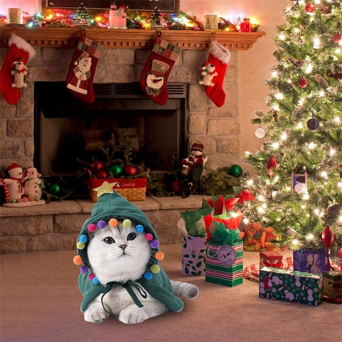 Katze trägt einen Weihnachtsumhang vor Kamin und geschmücktem Baum.
