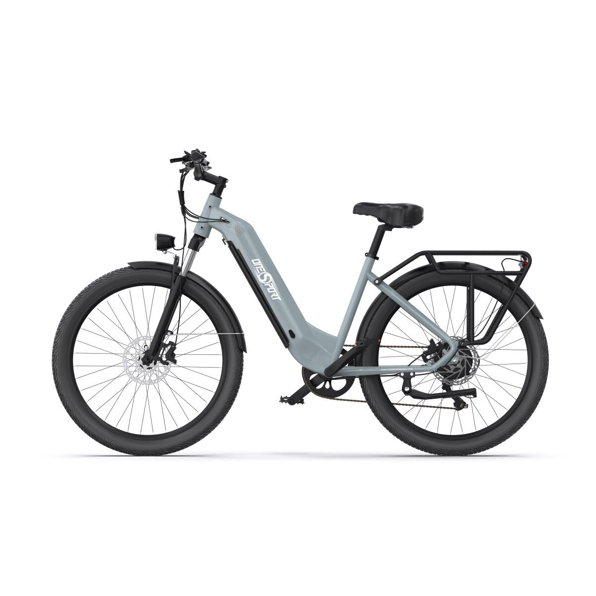 Ein hellgraues Elektrofahrrad mit schwarzen Reifen auf weißem Hintergrund.
