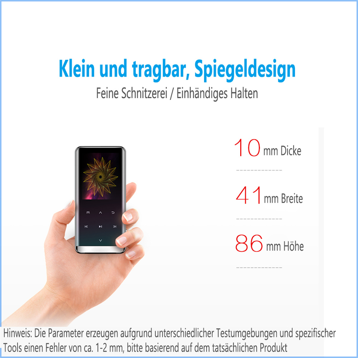 Hand, die einen schwarzen digitalen Musikplayer mit Abmessungen und Text hält.